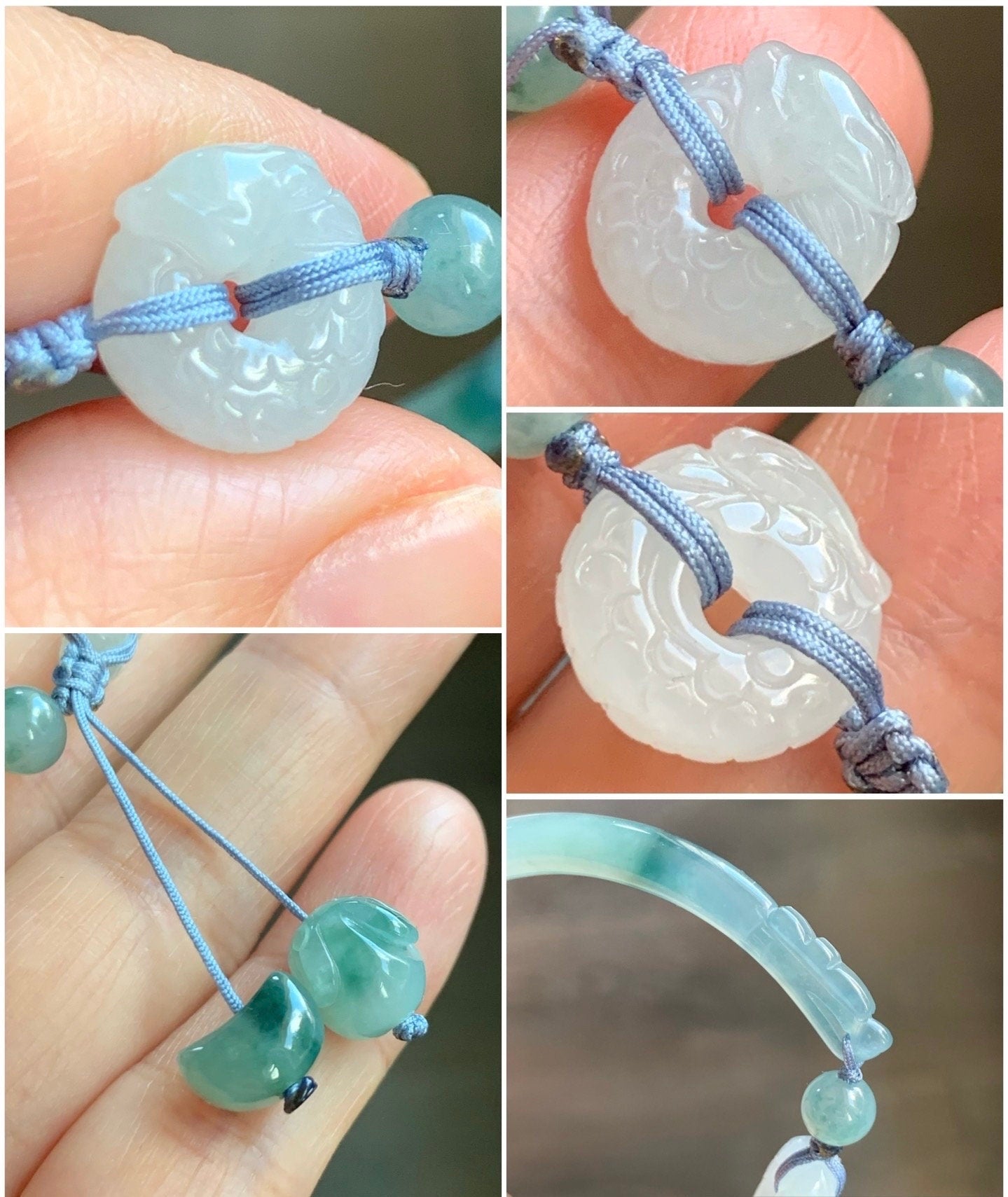 Natural Guatemalan Icy Light Dusty Blue Jadeite w/ Teal Marbling Open Bangle Bracelet Dragon Rabbit Moon Charms 7.5” 14g 天然冰胶危篮飘花翡翠半镯龙圈月亮兔手串