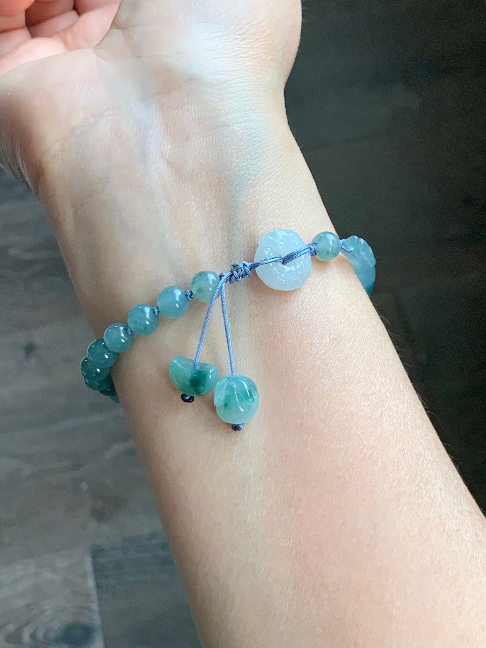 Natural Guatemalan Icy Light Dusty Blue Jadeite w/ Teal Marbling Open Bangle Bracelet Dragon Rabbit Moon Charms 7.5” 14g 天然冰胶危篮飘花翡翠半镯龙圈月亮兔手串