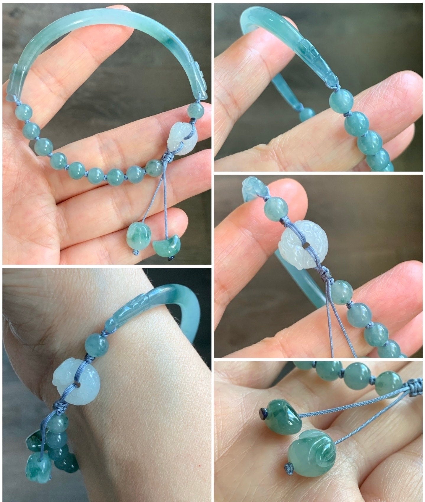 Natural Guatemalan Icy Light Dusty Blue Jadeite w/ Teal Marbling Open Bangle Bracelet Dragon Rabbit Moon Charms 7.5” 14g 天然冰胶危篮飘花翡翠半镯龙圈月亮兔手串