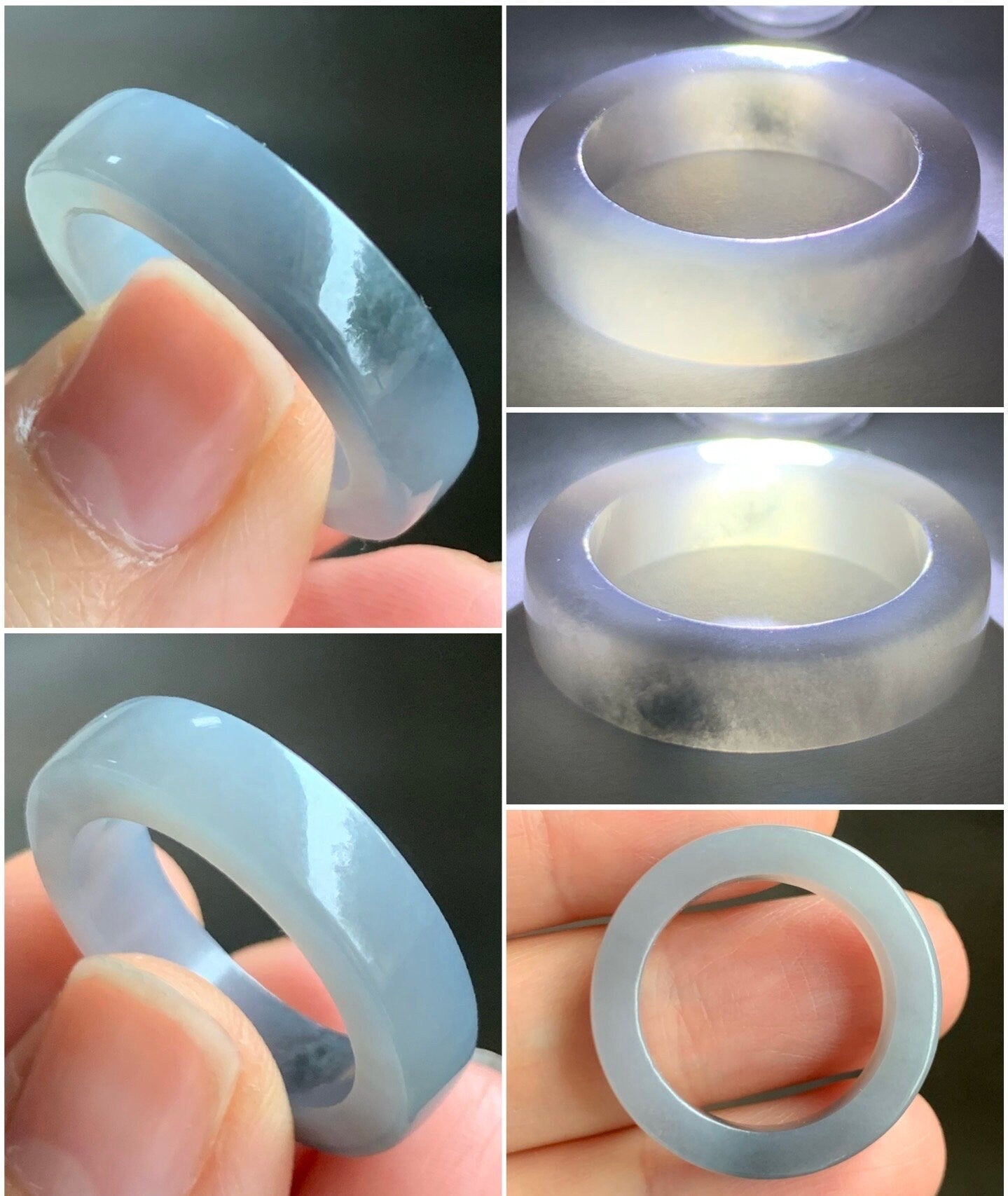 Certified Natural Burmese Icy Translucent Gelatinous Light Gray Wuji Jadeite Square Edged Band Ring Size 9 天然缅甸冰胶淡紫乌鸡翡翠方条戒圈 5171