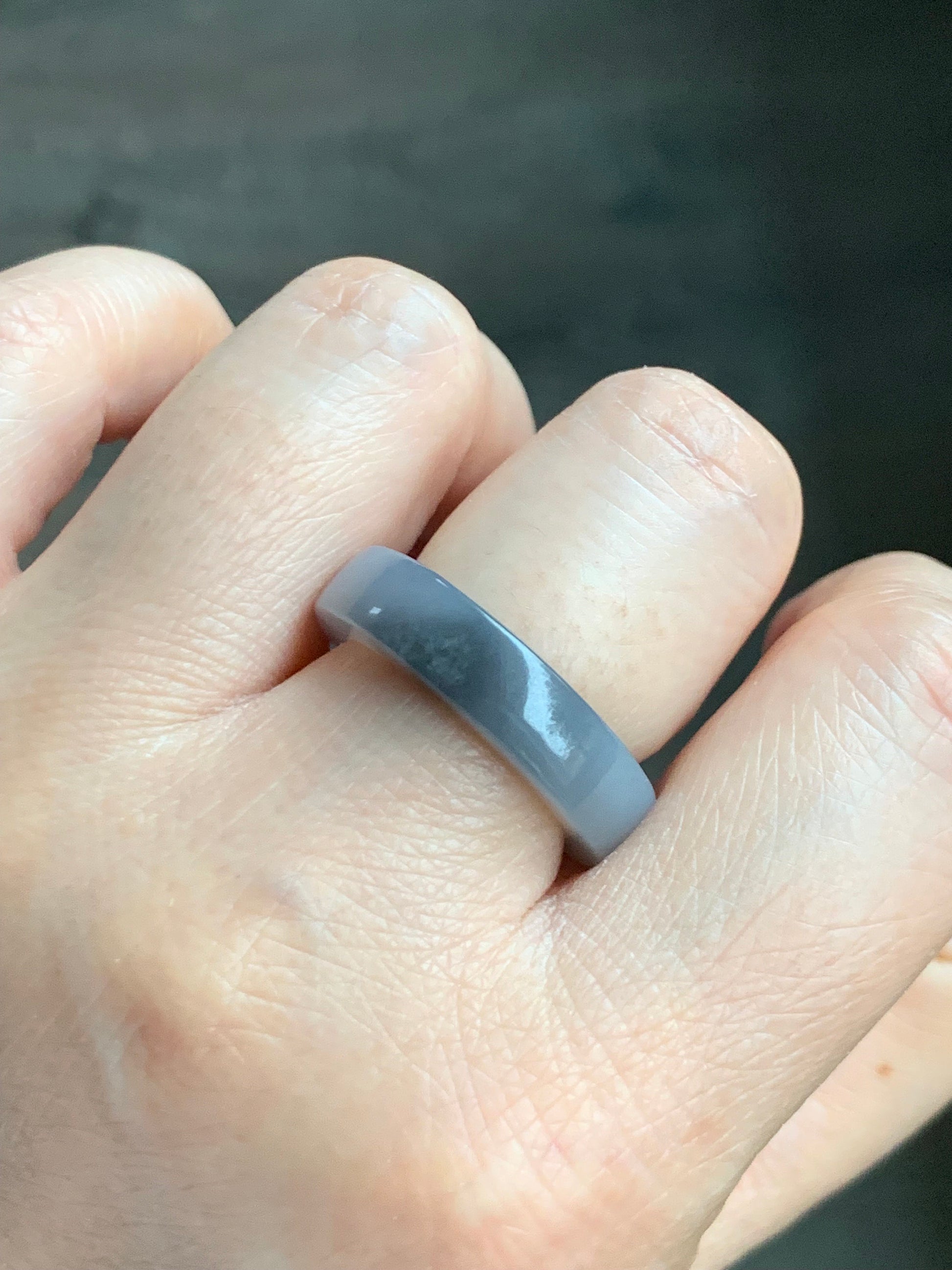 Certified Natural Burmese Icy Translucent Gelatinous Light Gray Wuji Jadeite Square Edged Band Ring Size 9 天然缅甸冰胶淡紫乌鸡翡翠方条戒圈 5171