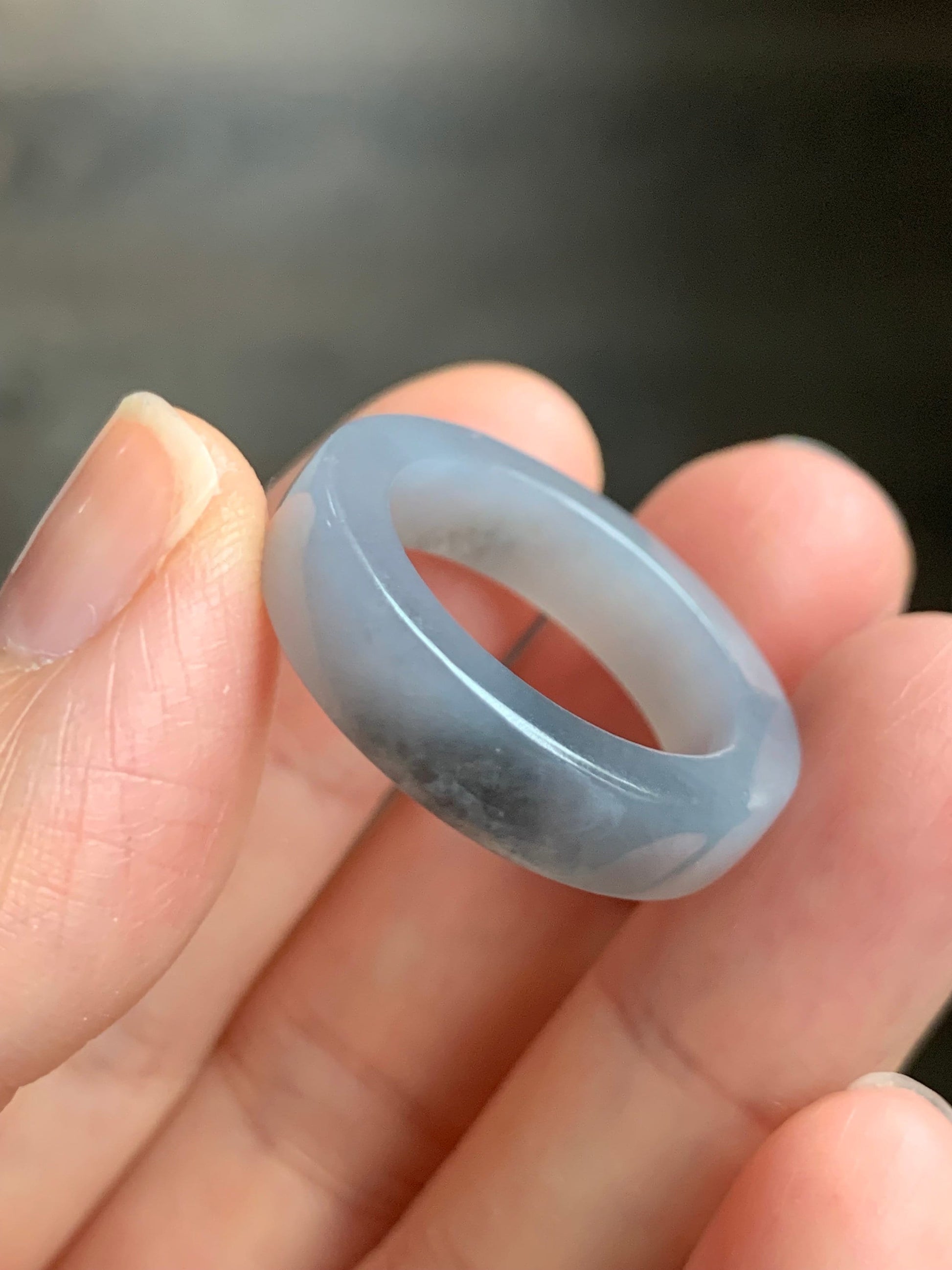 Certified Natural Burmese Icy Translucent Gelatinous Light Gray Wuji Jadeite Square Edged Band Ring Size 9 天然缅甸冰胶淡紫乌鸡翡翠方条戒圈 5171