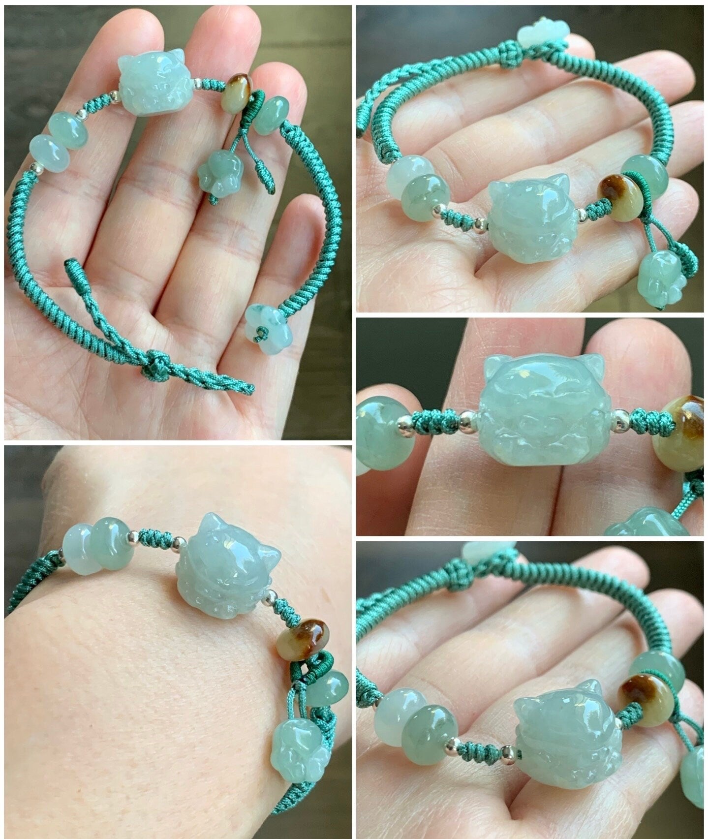 Natural Burmese Icy Translucent Light Green Jadeite Nine-tailed Fox & Paw Print Charm Rope Bracelet 6.5” Adjustable 天然缅甸冰胶晴底翡翠九尾狐爪印手绳