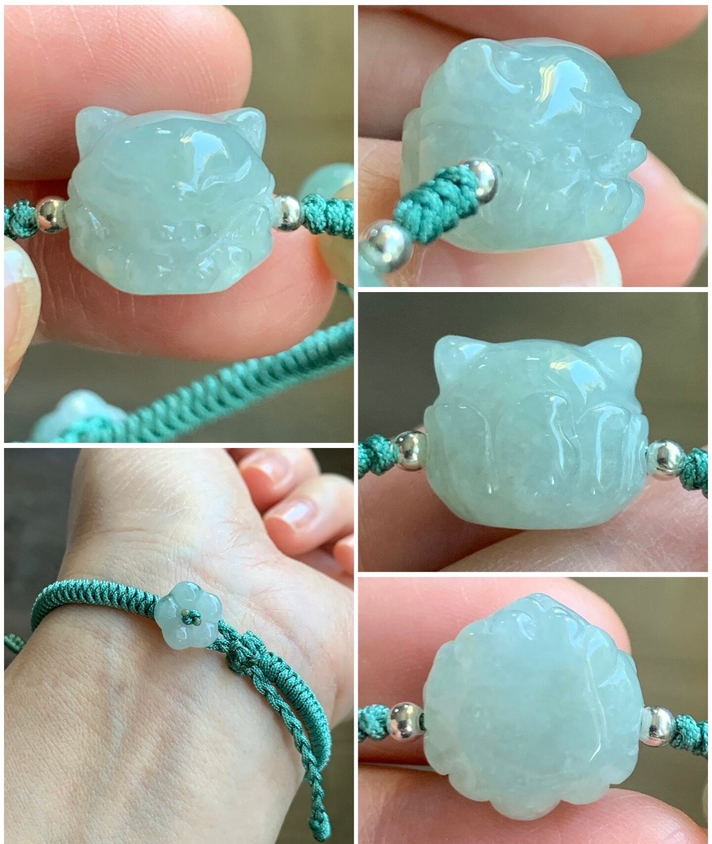 Natural Burmese Icy Translucent Light Green Jadeite Nine-tailed Fox & Paw Print Charm Rope Bracelet 6.5” Adjustable 天然缅甸冰胶晴底翡翠九尾狐爪印手绳