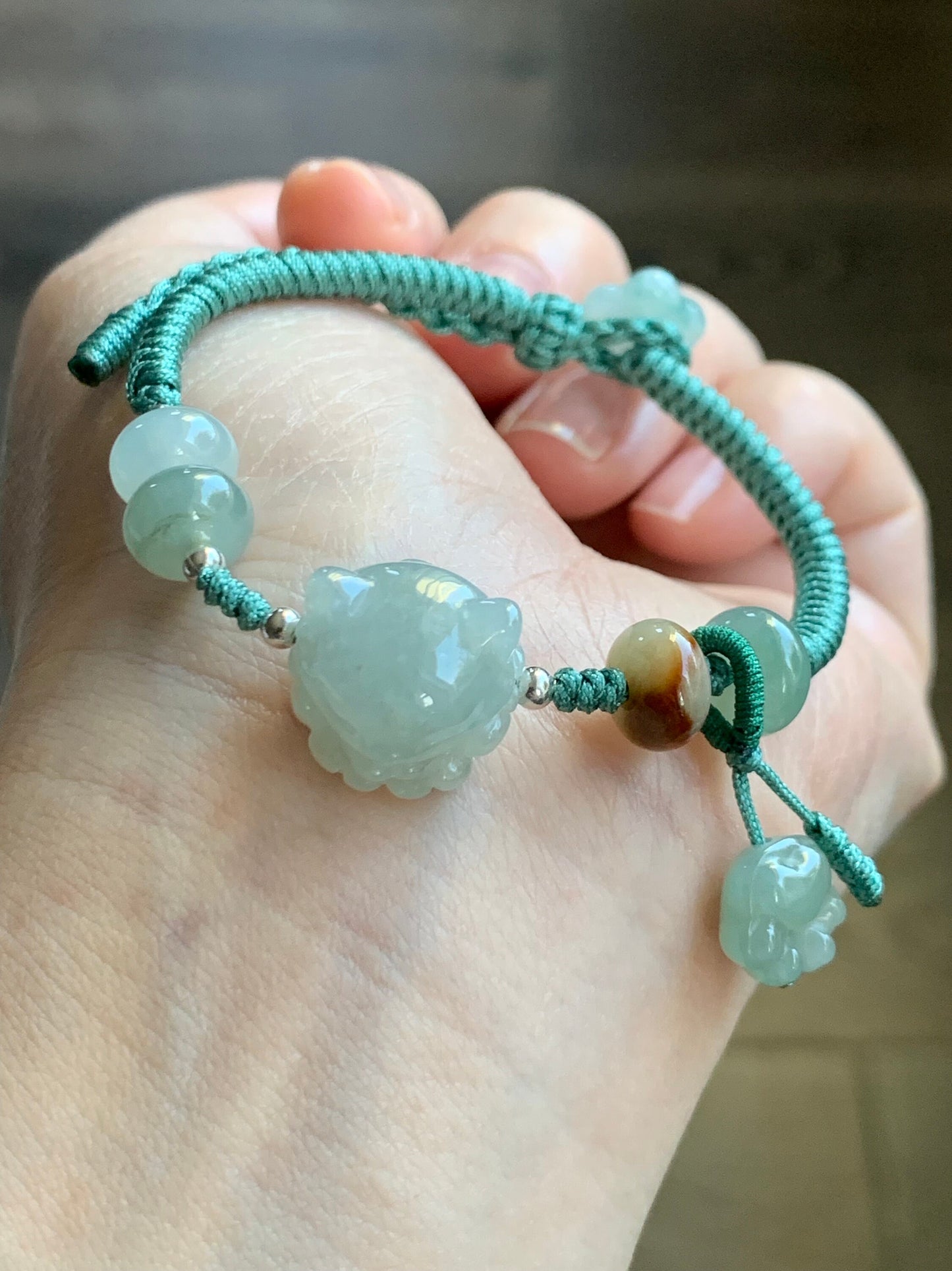 Natural Burmese Icy Translucent Light Green Jadeite Nine-tailed Fox & Paw Print Charm Rope Bracelet 6.5” Adjustable 天然缅甸冰胶晴底翡翠九尾狐爪印手绳