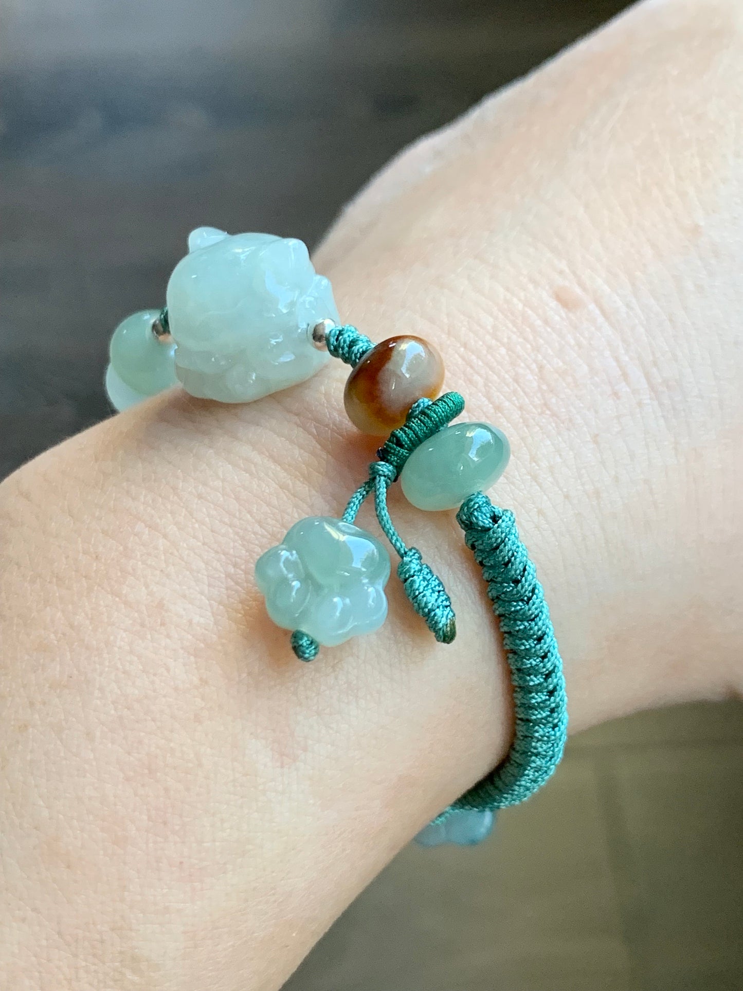 Natural Burmese Icy Translucent Light Green Jadeite Nine-tailed Fox & Paw Print Charm Rope Bracelet 6.5” Adjustable 天然缅甸冰胶晴底翡翠九尾狐爪印手绳