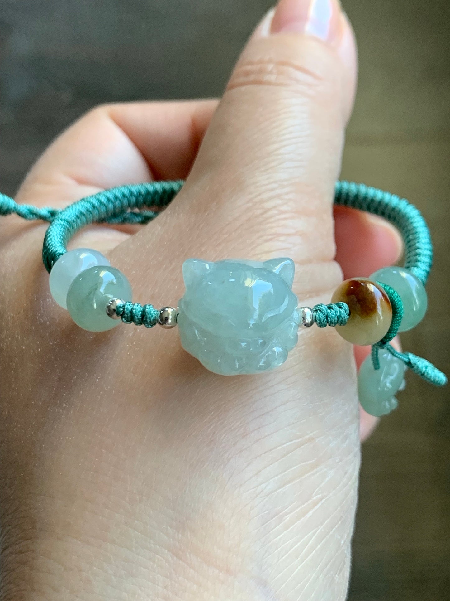 Natural Burmese Icy Translucent Light Green Jadeite Nine-tailed Fox & Paw Print Charm Rope Bracelet 6.5” Adjustable 天然缅甸冰胶晴底翡翠九尾狐爪印手绳