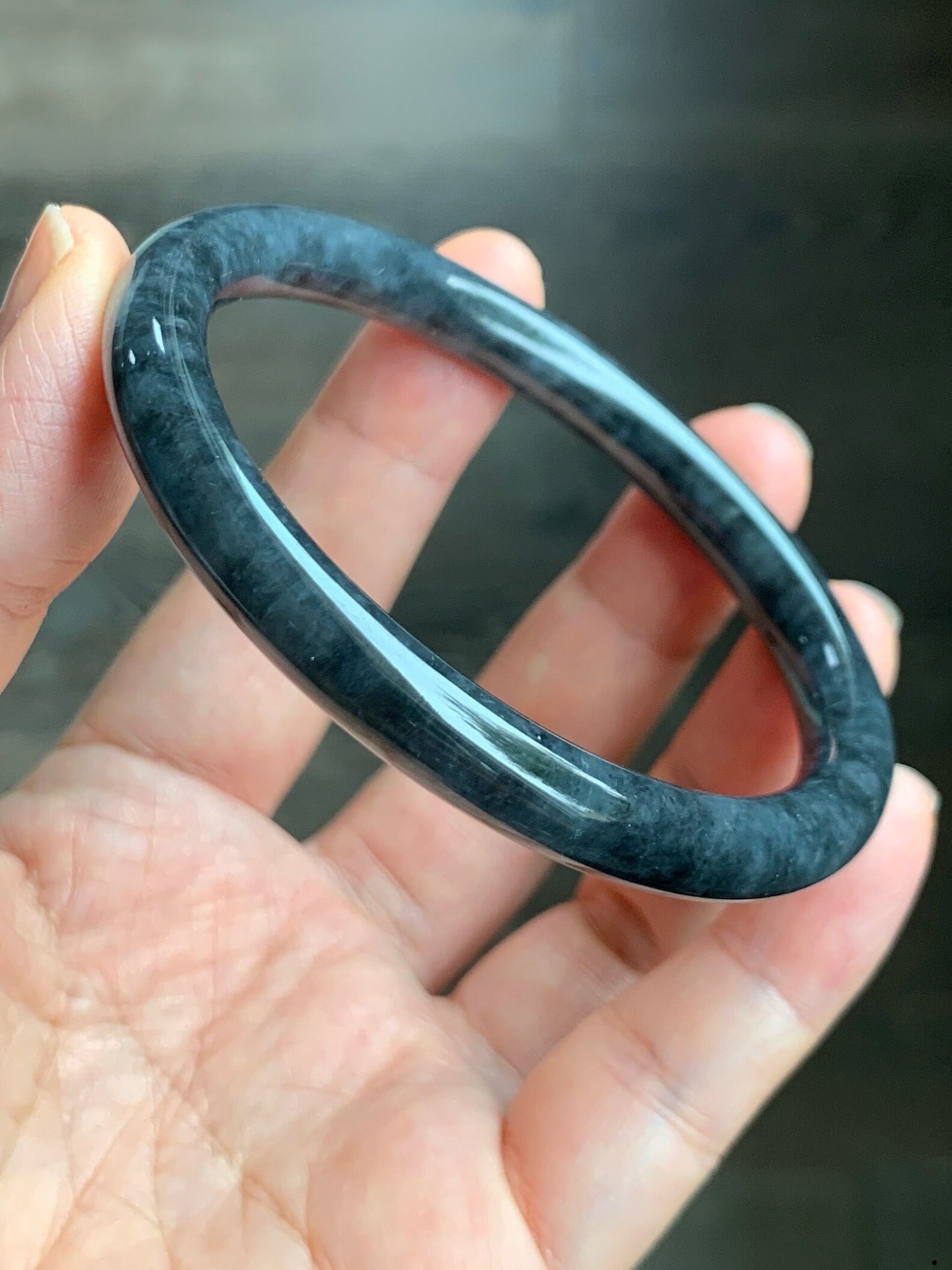 Certified Natural Burmese Icy Translucent Dark Wuji Jadeite Slim Bangle Bracelet 7.7x7.7mm 59.2mm 7.3” 33.18g 天然缅甸冰乌鸡翡翠圆条手镯 1489