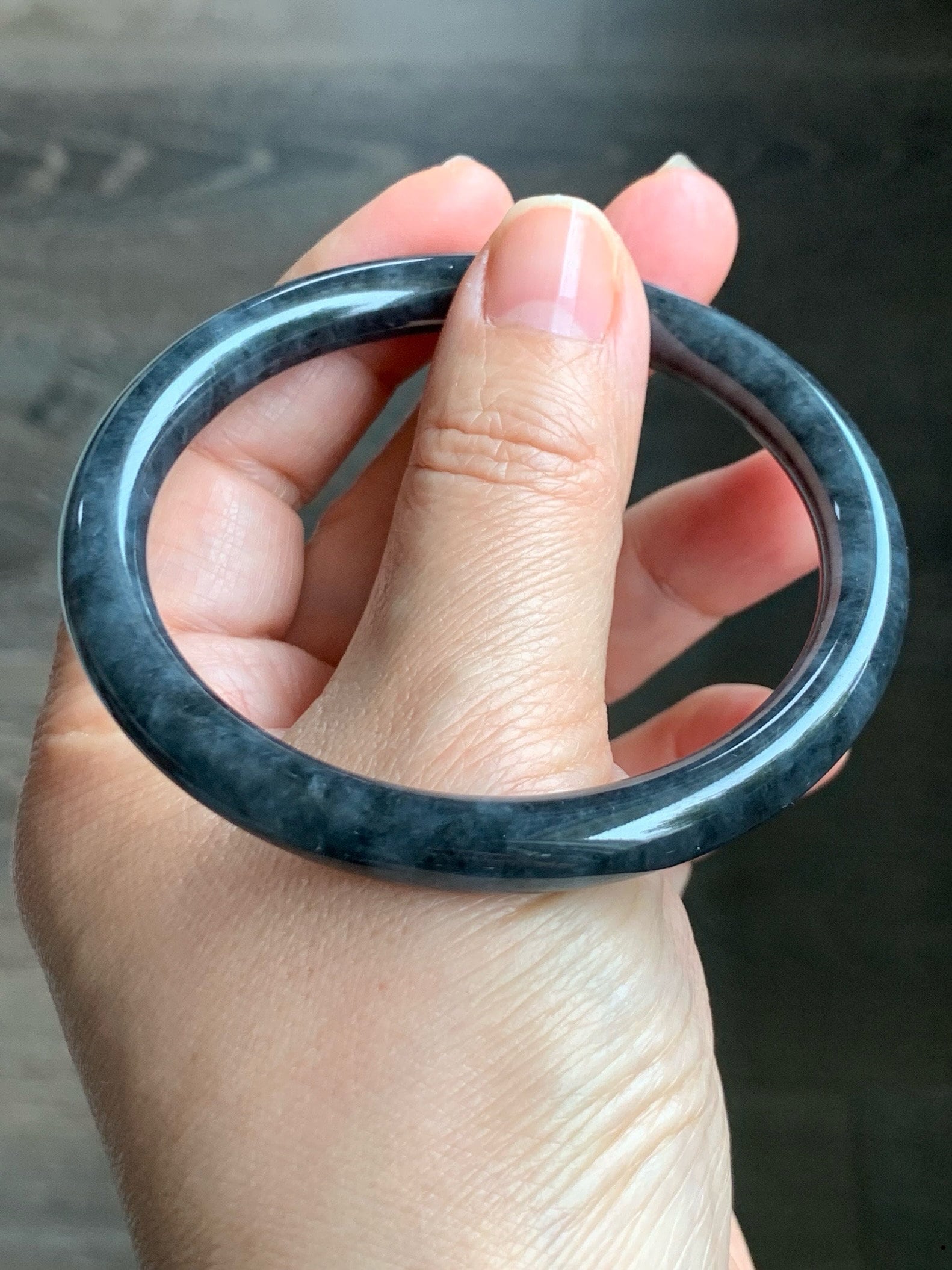 Certified Natural Burmese Icy Translucent Dark Wuji Jadeite Slim Bangle Bracelet 7.7x7.7mm 59.2mm 7.3” 33.18g 天然缅甸冰乌鸡翡翠圆条手镯 1489