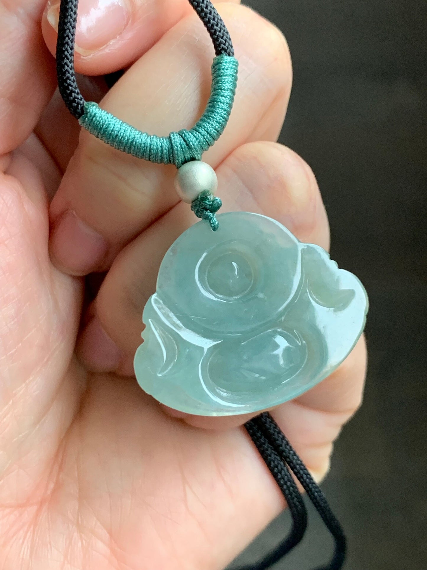 Natural Burmese Icy Translucent Gelatinous Light Green Jadeite Buddha Pendant Rope Necklace Sterling Silver 28” 天然缅甸老糯冰晴色翡翠佛公吊坠 LYQ225L