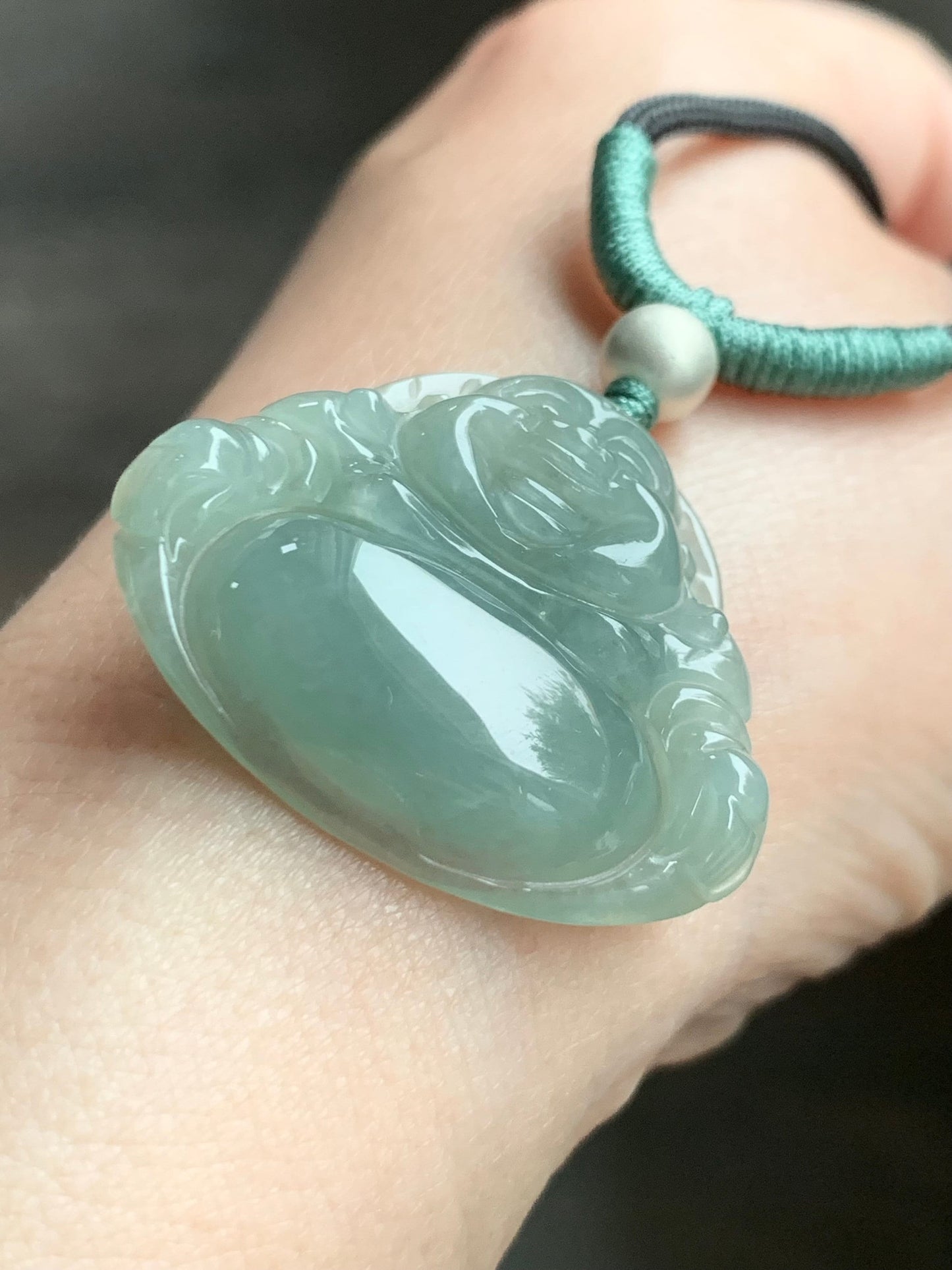 Natural Burmese Icy Translucent Gelatinous Light Green Jadeite Buddha Pendant Rope Necklace Sterling Silver 28” 天然缅甸老糯冰晴色翡翠佛公吊坠 LYQ225L