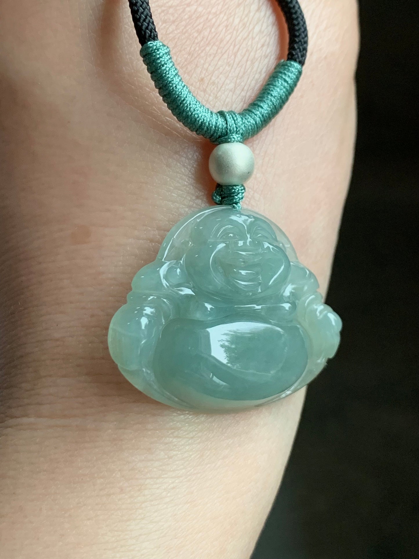 Natural Burmese Icy Translucent Gelatinous Light Green Jadeite Buddha Pendant Rope Necklace Sterling Silver 28” 天然缅甸老糯冰晴色翡翠佛公吊坠 LYQ225L