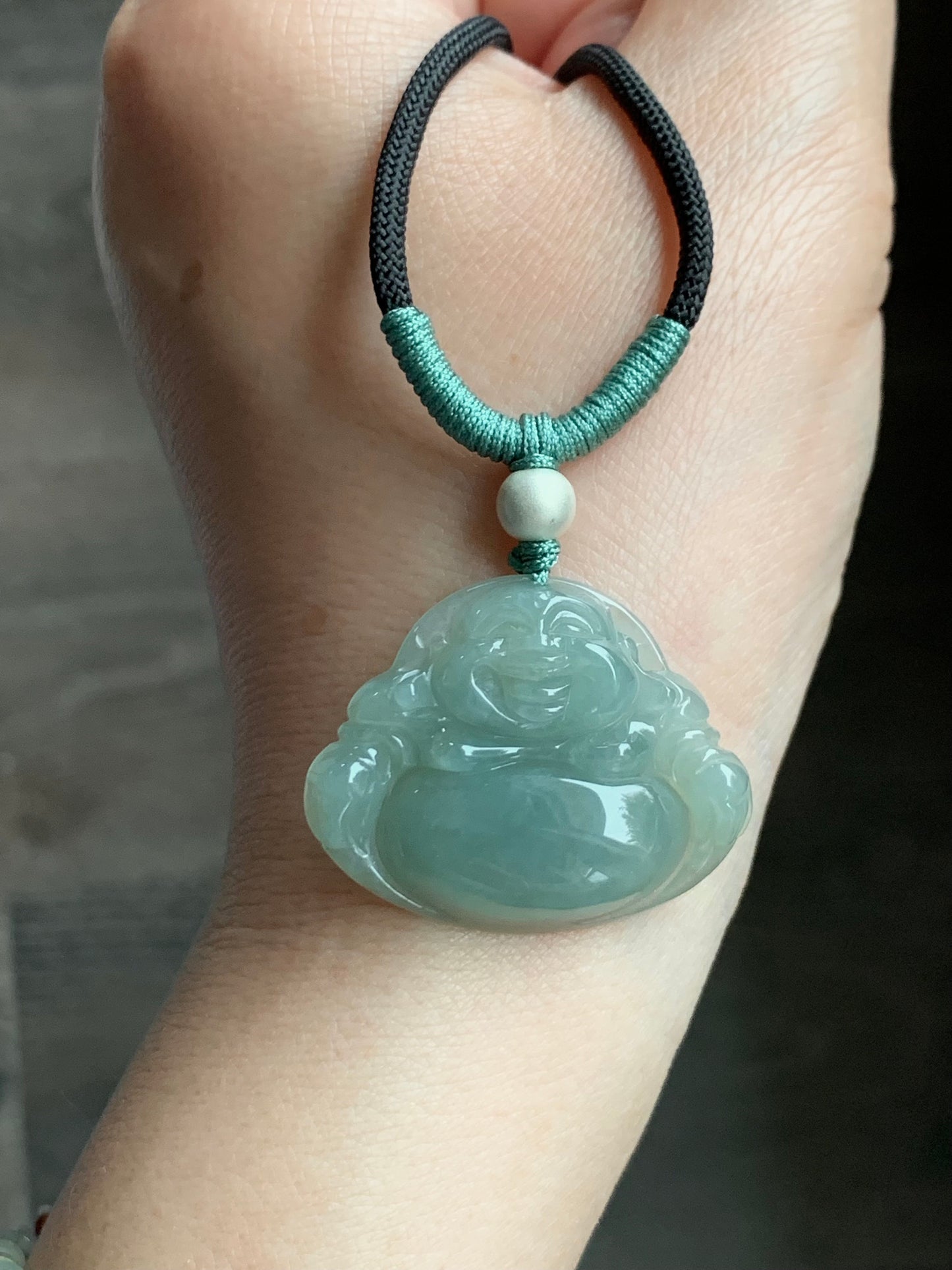 Natural Burmese Icy Translucent Gelatinous Light Green Jadeite Buddha Pendant Rope Necklace Sterling Silver 28” 天然缅甸老糯冰晴色翡翠佛公吊坠 LYQ225L