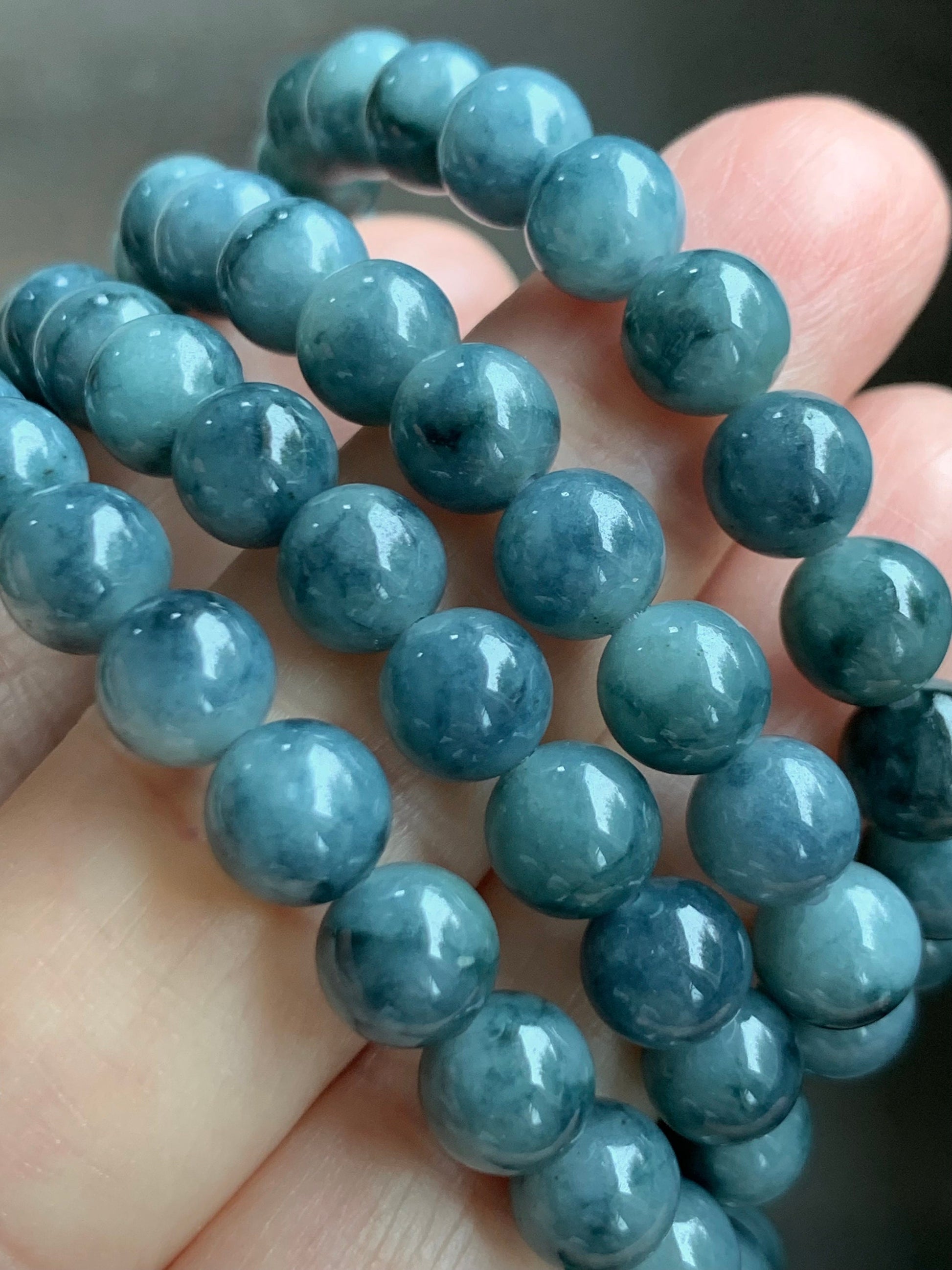 Natural Burmese Icy Translucent Blue & Dark Teal Blue Marbled Jadeite Beaded Necklace 6.9mm 25” 56g 天然缅甸冰胶牛仔蓝飘蓝花翡翠长串项链 MLCH917