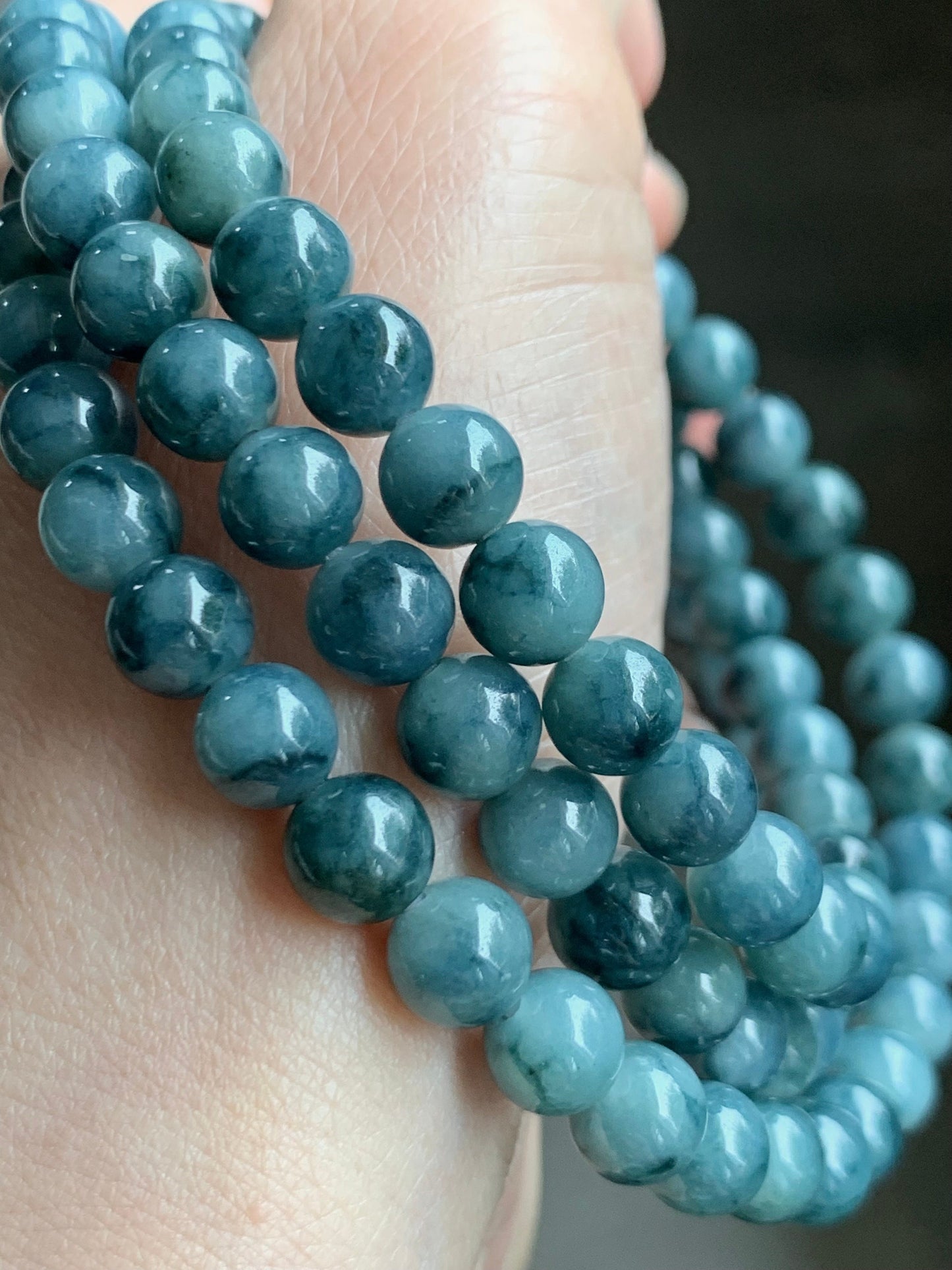 Natural Burmese Icy Translucent Blue & Dark Teal Blue Marbled Jadeite Beaded Necklace 6.9mm 25” 56g 天然缅甸冰胶牛仔蓝飘蓝花翡翠长串项链 MLCH917