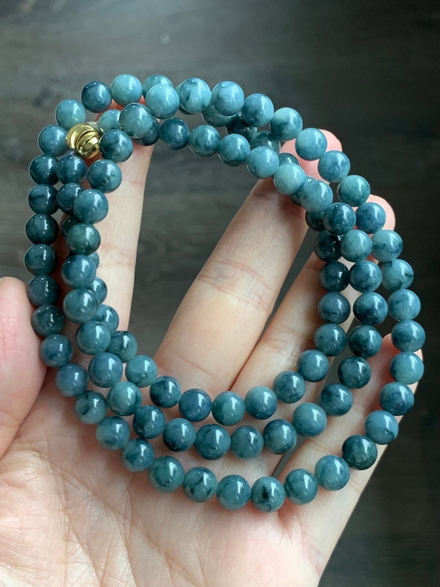 Natural Burmese Icy Translucent Blue & Dark Teal Blue Marbled Jadeite Beaded Necklace 6.9mm 25” 56g 天然缅甸冰胶牛仔蓝飘蓝花翡翠长串项链 MLCH917