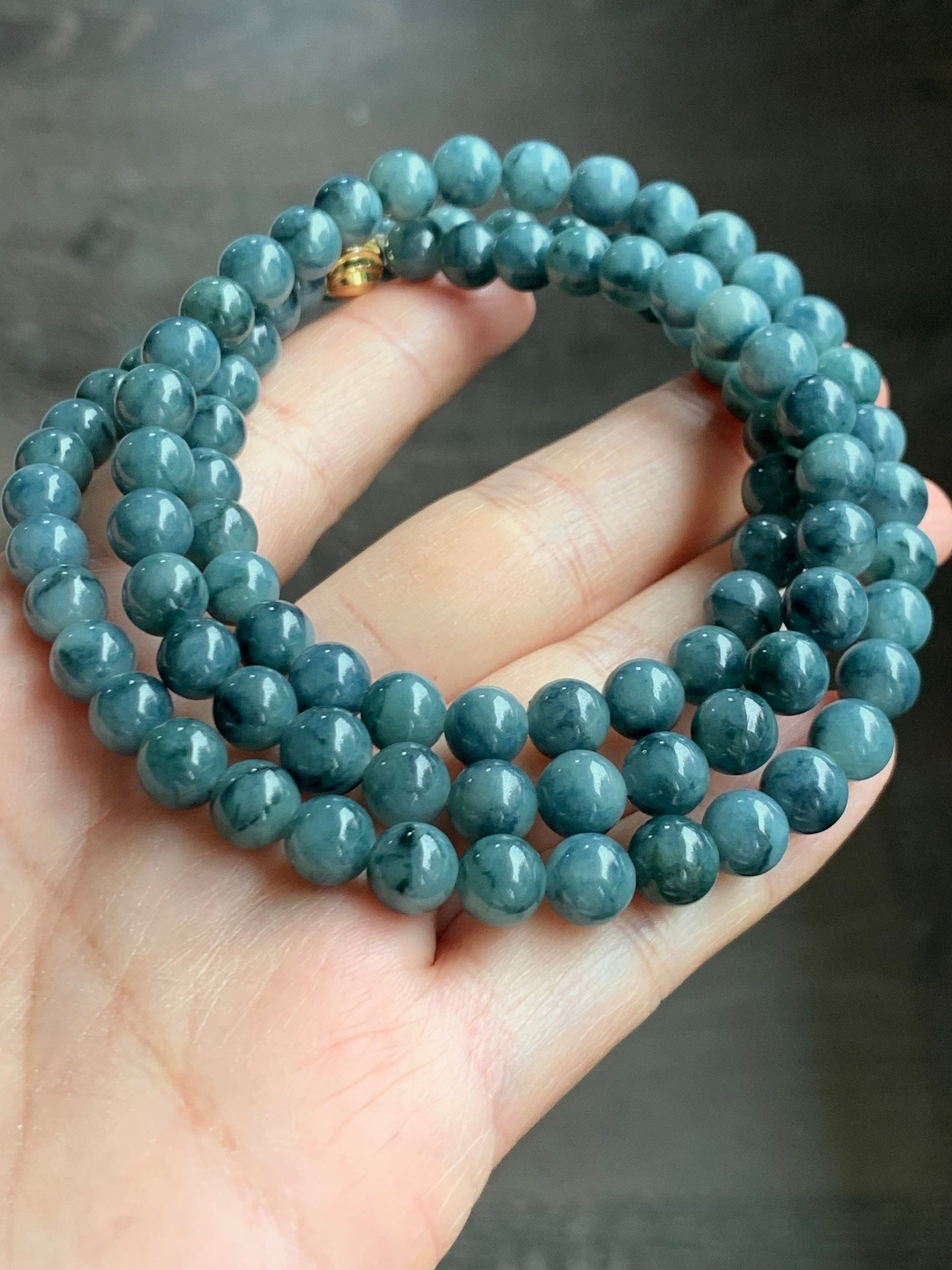 Natural Burmese Icy Translucent Blue & Dark Teal Blue Marbled Jadeite Beaded Necklace 6.9mm 25” 56g 天然缅甸冰胶牛仔蓝飘蓝花翡翠长串项链 MLCH917