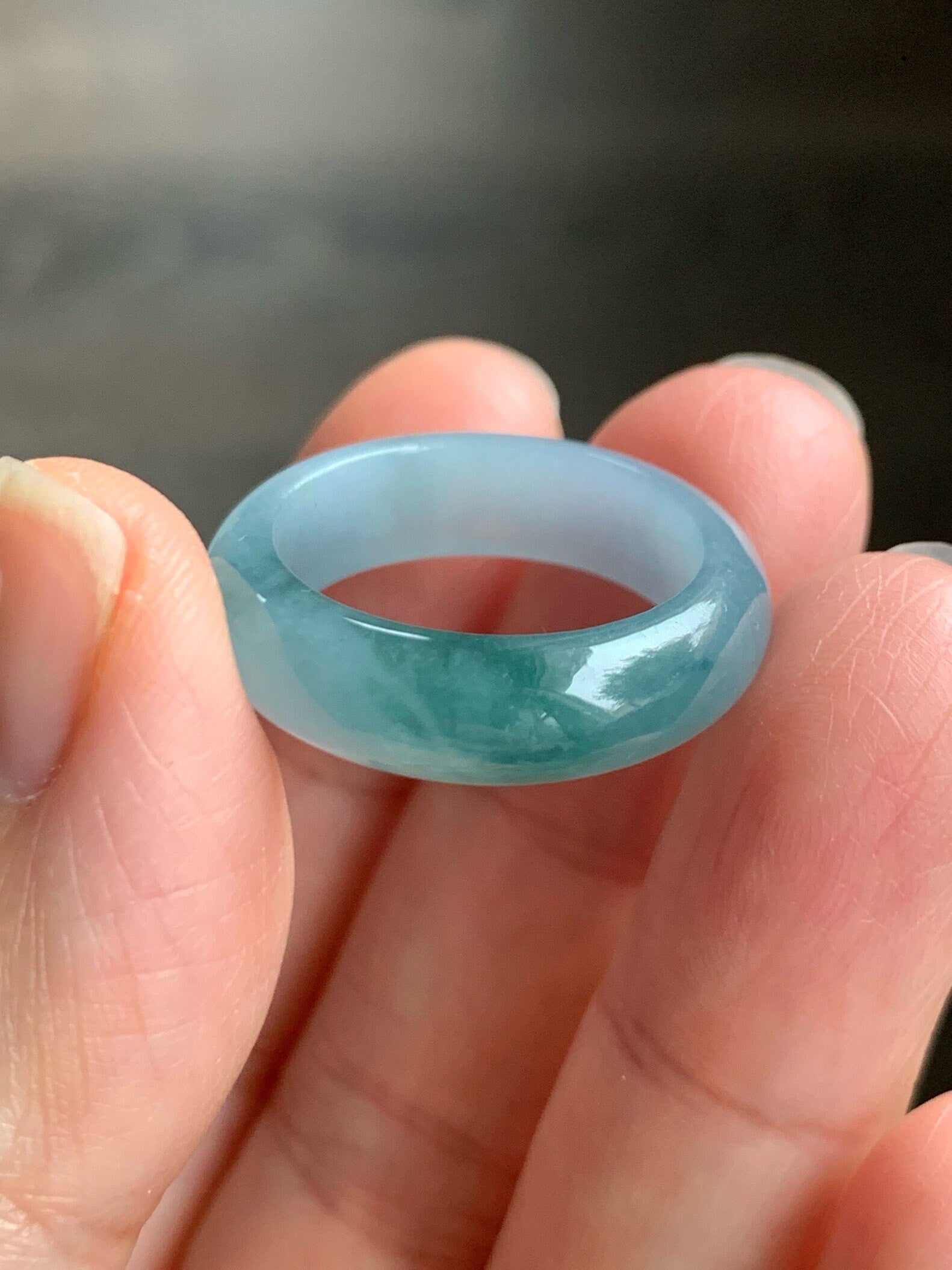 Stunning Natural Guatemalan Icy Translucent Gelatinous Light Purplish Blue Jadeite w/ Dark Teal Marbling Band Ring Sz 8 天然冰危蓝紫飘花翡翠戒圈 WPH114A