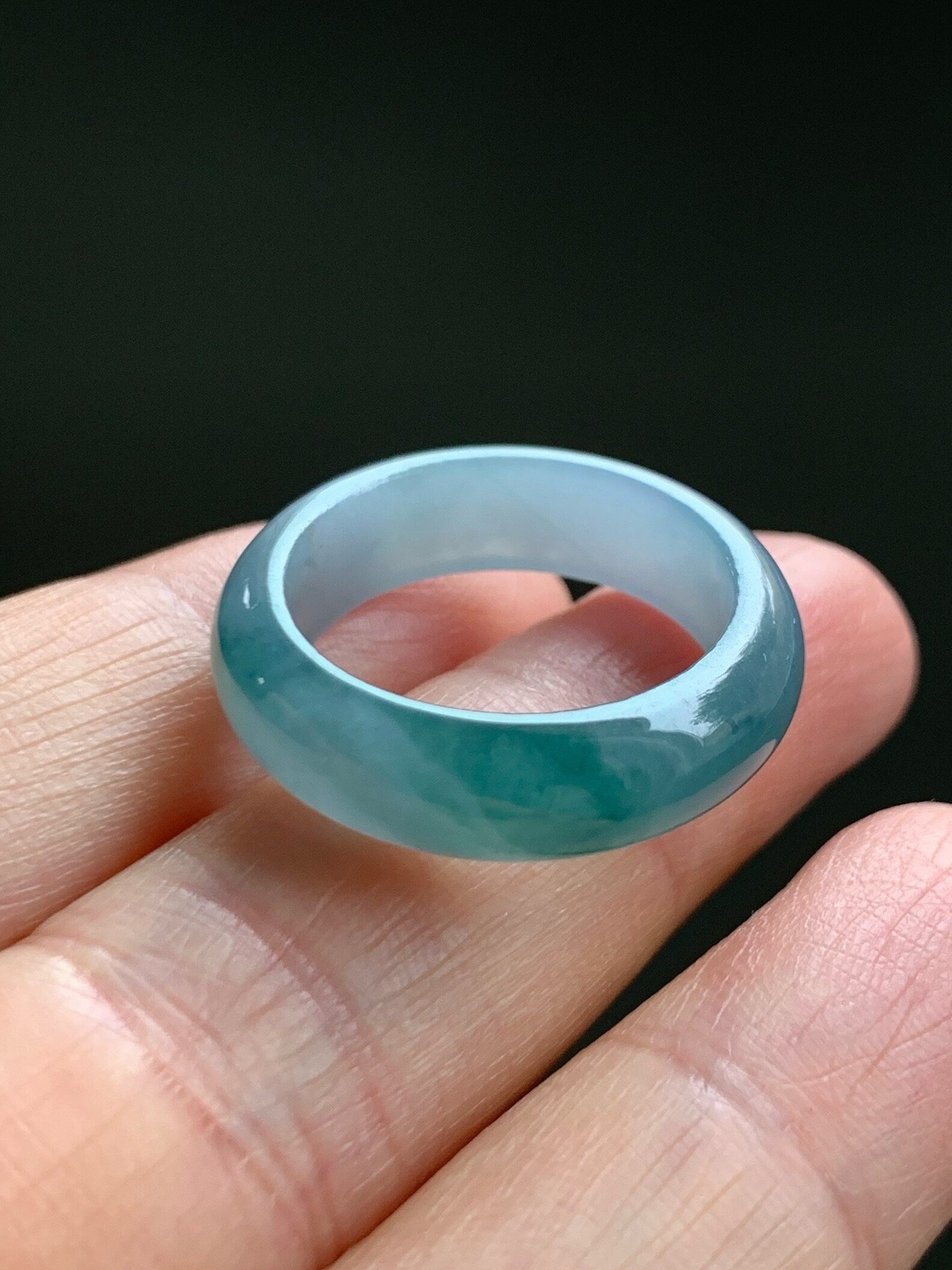 Stunning Natural Guatemalan Icy Translucent Gelatinous Light Purplish Blue Jadeite w/ Dark Teal Marbling Band Ring Sz 8 天然冰危蓝紫飘花翡翠戒圈 WPH114A