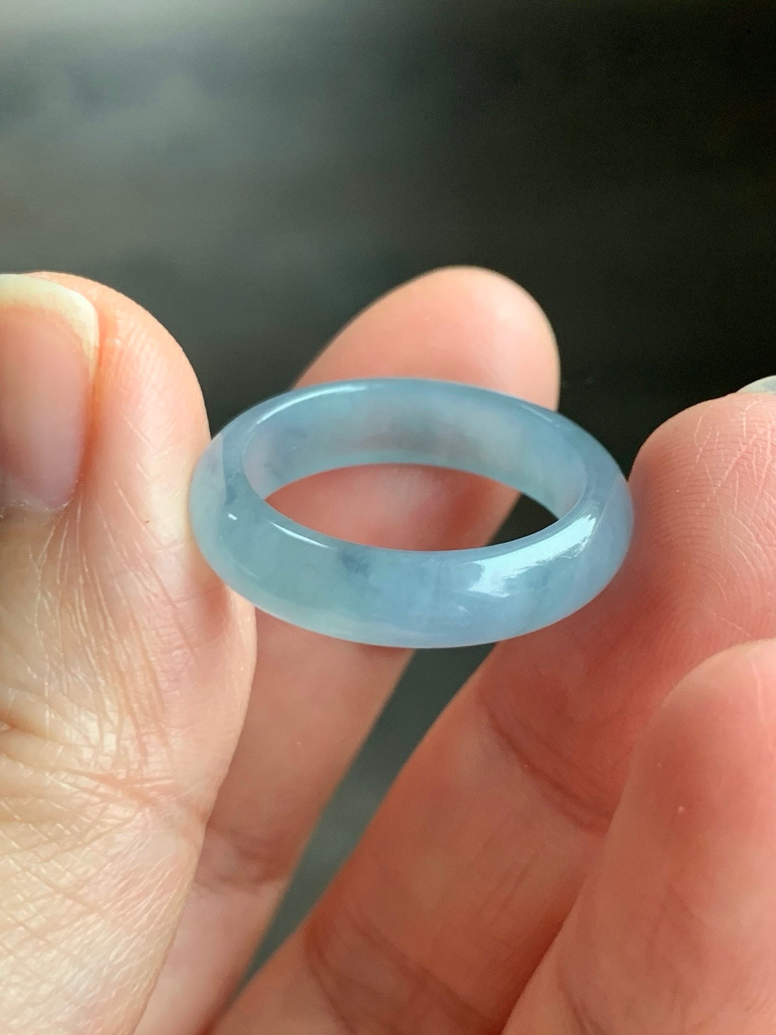 Stunning Natural Guatemalan Icy Translucent Gelatinous Light Purplish Blue Jadeite w/ Dark Teal Marbling Band Ring Sz 8 天然冰危蓝紫飘花翡翠戒圈 WPH114B