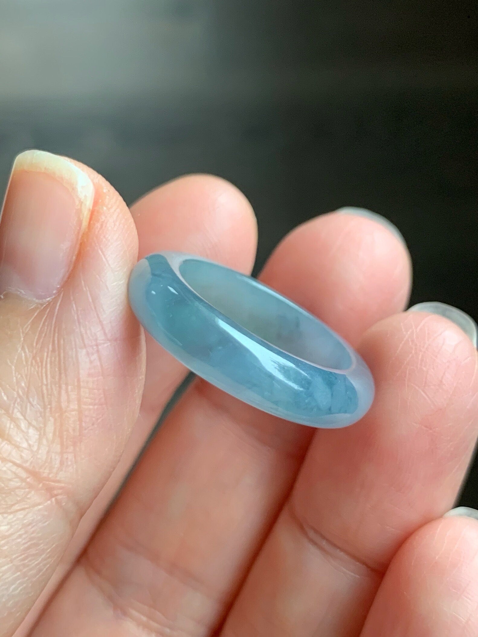 Natural Guatemalan Icy Translucent Gelatinous Light Purplish Blue Jadeite w/ Dark Blue Marbling Band Ring Sz 6.5 天然冰危蓝紫飘花翡翠戒圈 WPH114G