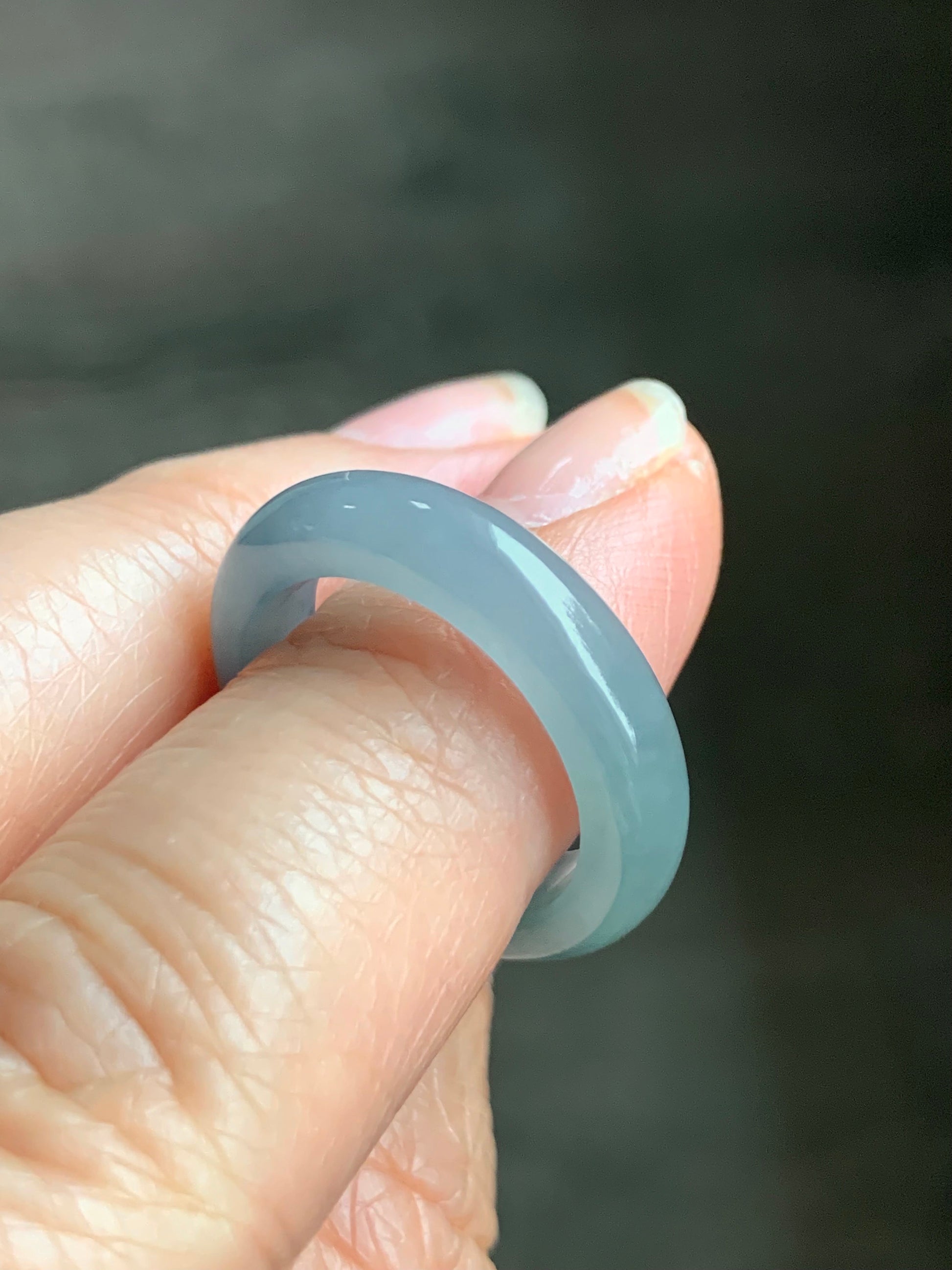 Natural Guatemalan Icy Translucent Gelatinous Light Purplish Blue Jadeite w/ Dark Blue Marbling Band Ring Sz 6.5 天然冰危蓝紫飘花翡翠戒圈 WPH114G