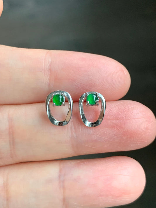 Petite Natural Guatemalan Icy Highly Translucent Vibrant Green Jadeite Stud Earrings S925 Silver Sterling 天然冰危绿翡翠银镶耳钉