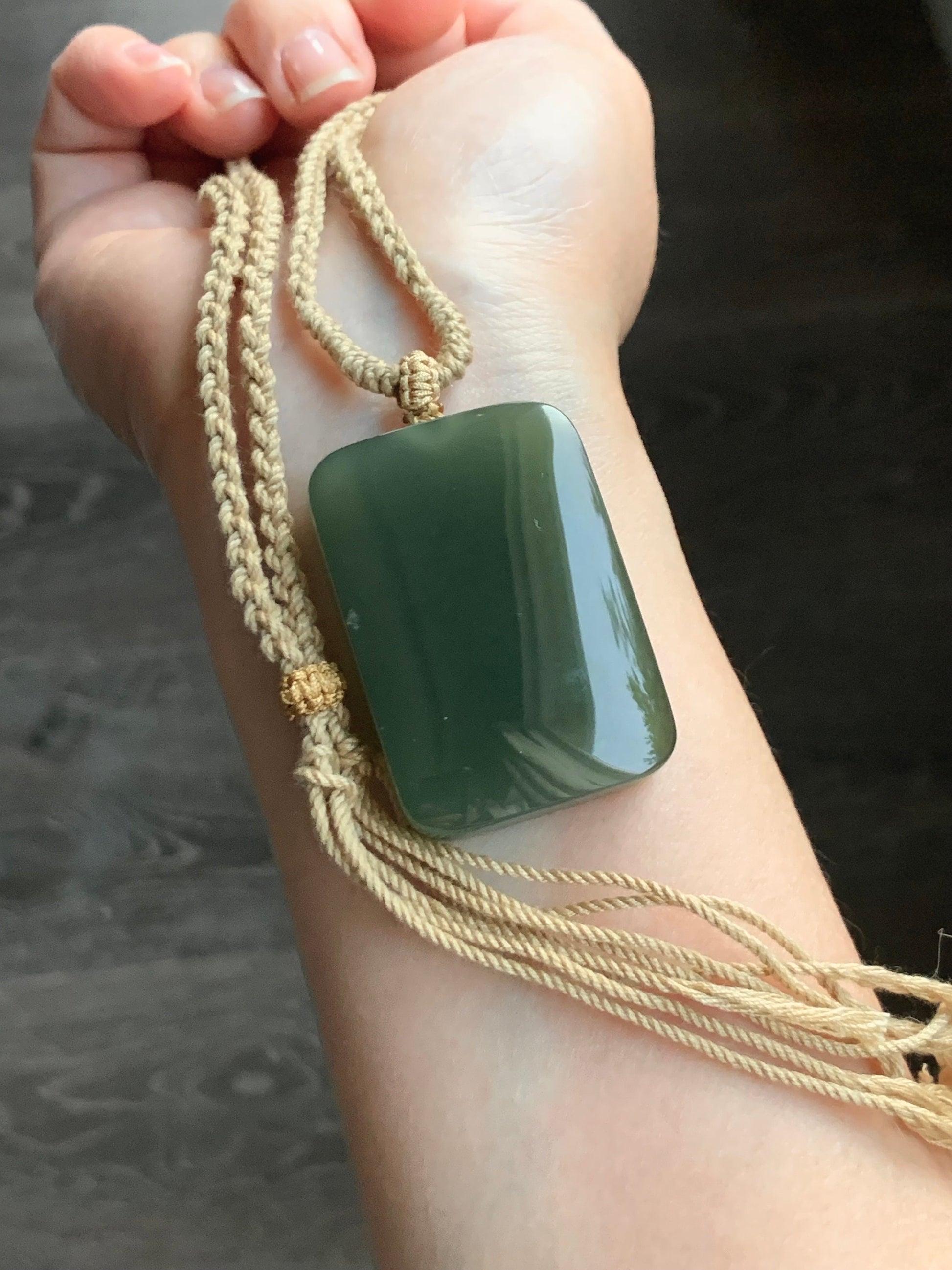 Natural Nephrite Hetian Jade Rectangle Wu Shi Pai Pendant Rope Necklace Icy Translucent Dark Tea Green Adjustable 24" 38g 天然和田玉无事牌项链 L