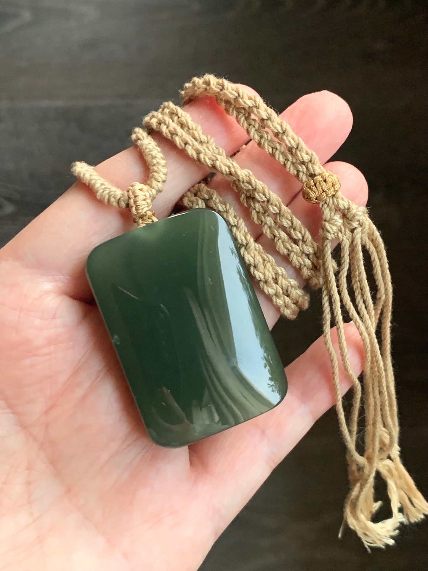 Natural Nephrite Hetian Jade Rectangle Wu Shi Pai Pendant Rope Necklace Icy Translucent Dark Tea Green Adjustable 24" 38g 天然和田玉无事牌项链 L