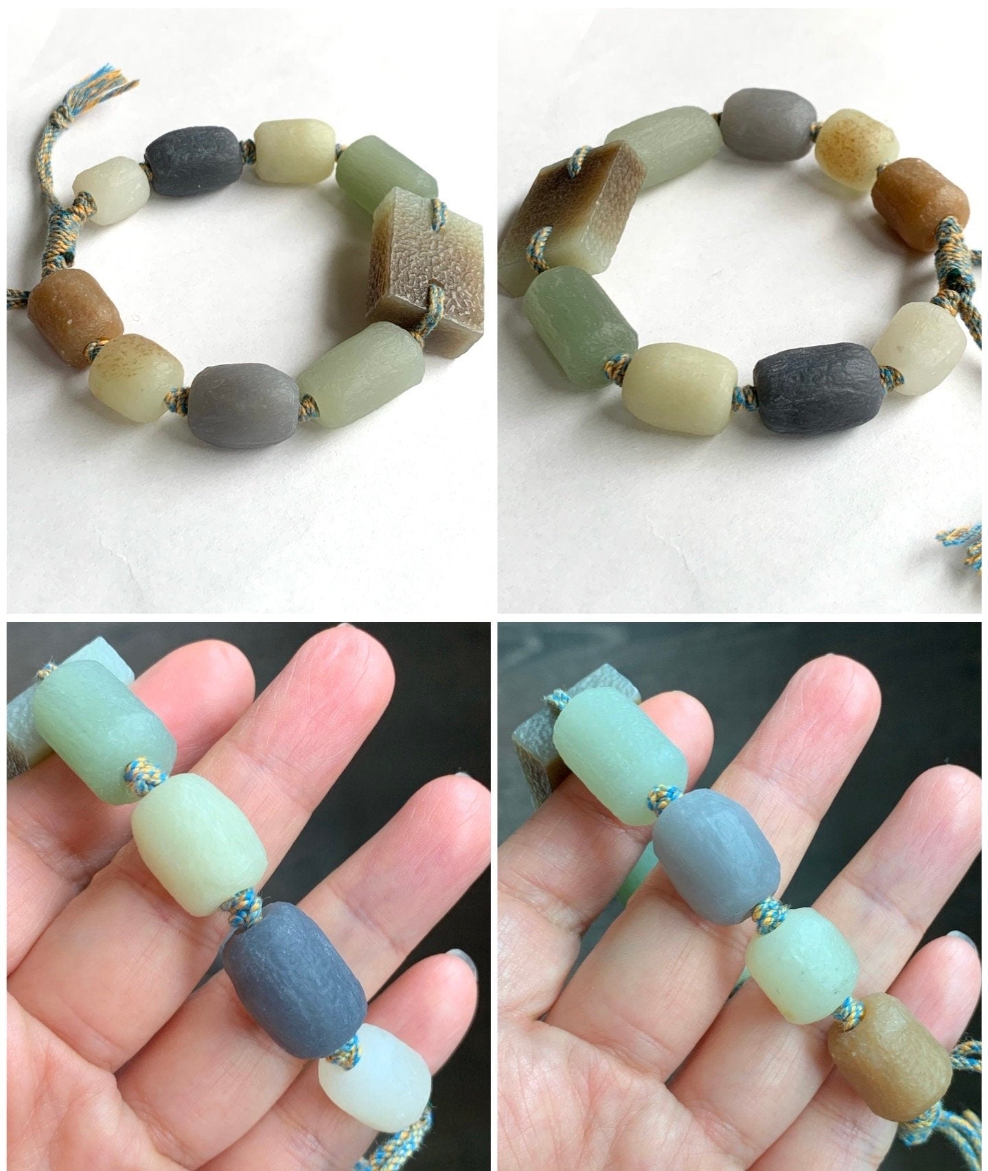 Natural Nephrite Hetian Jade Large Chunky Beads Rope Bracelet Translucent Multicolor Adjustable 7.25" 56g 天然和田玉多宝仿古珠手牌手串