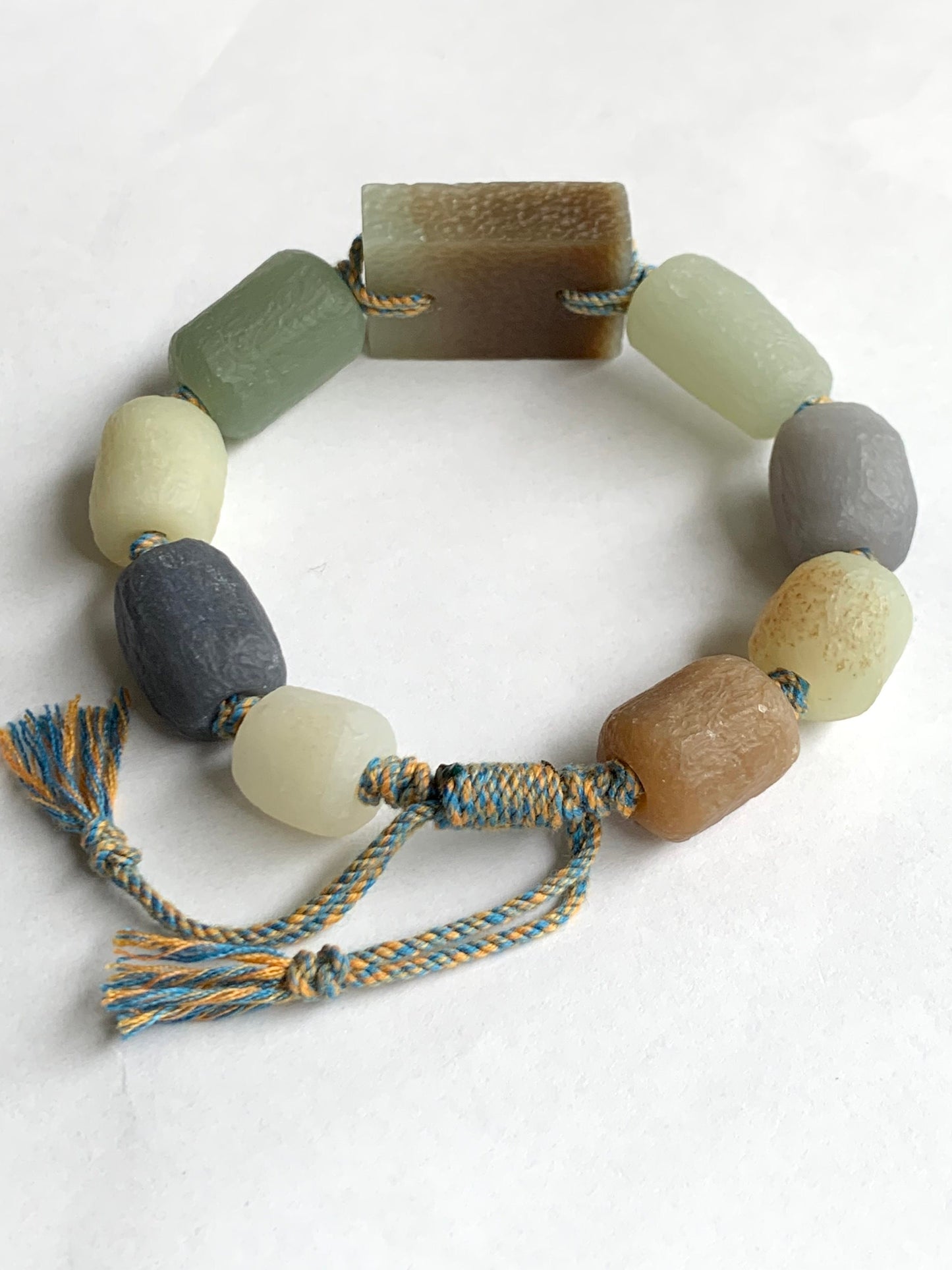 Natural Nephrite Hetian Jade Large Chunky Beads Rope Bracelet Translucent Multicolor Adjustable 7.25" 56g 天然和田玉多宝仿古珠手牌手串