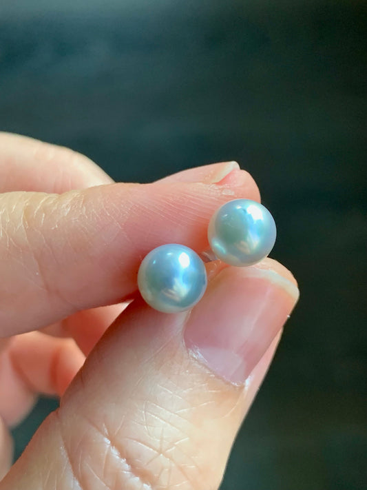 Natural Genuine Saltwater Lustrous Silver Gray Pearl Round Stud Earrings 925 Sterling Silver 7.26mm 天然海水奶奶灰圆珠珍珠纯银针耳钉 B