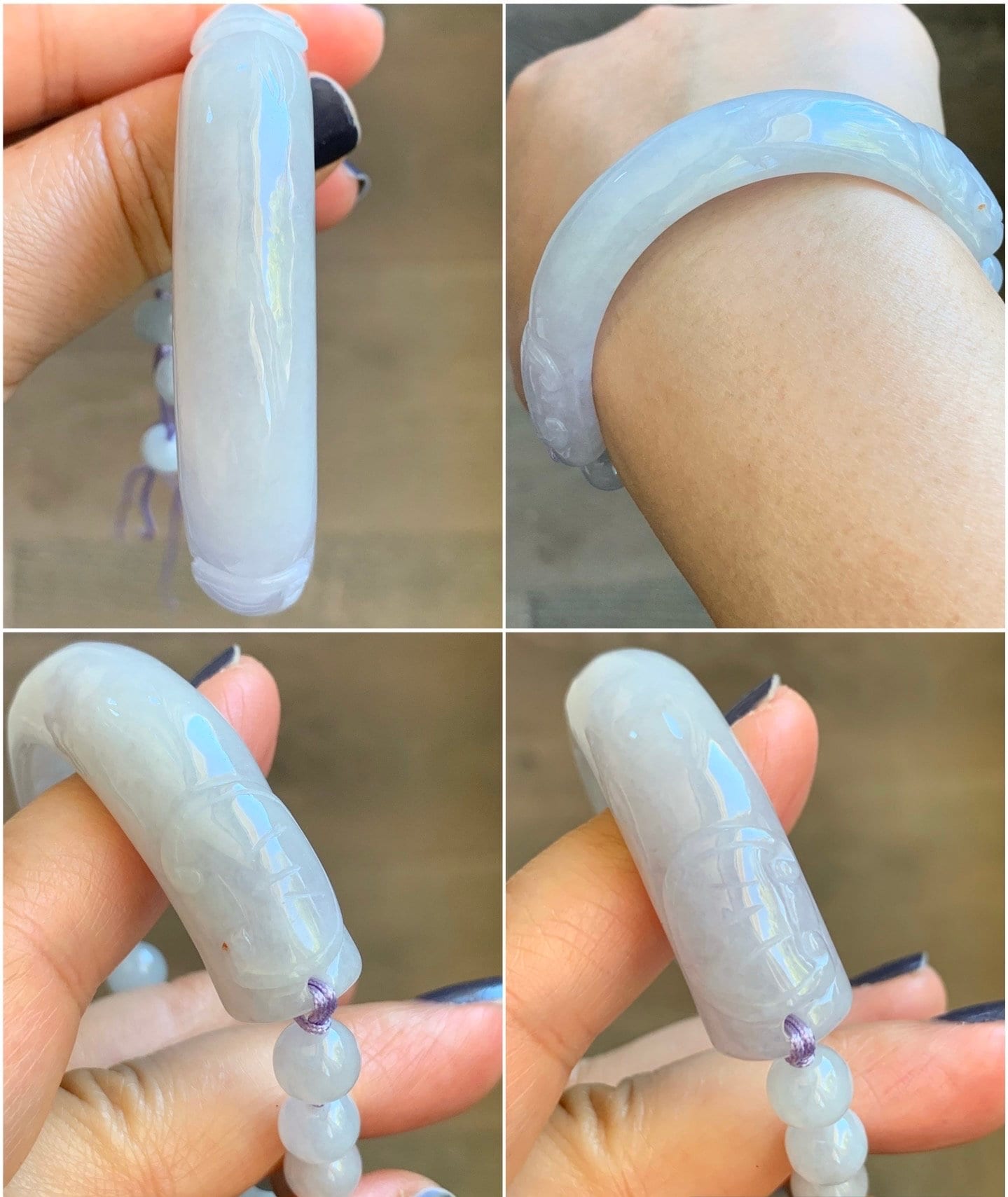 Natural Burmese Icy Translucent Light Purple Jadeite Half Bangle Bracelet w/ Beaded Security Chain 52.8mm 6.5" 38g 天然冰糯淡紫翡翠轮胎半镯手串