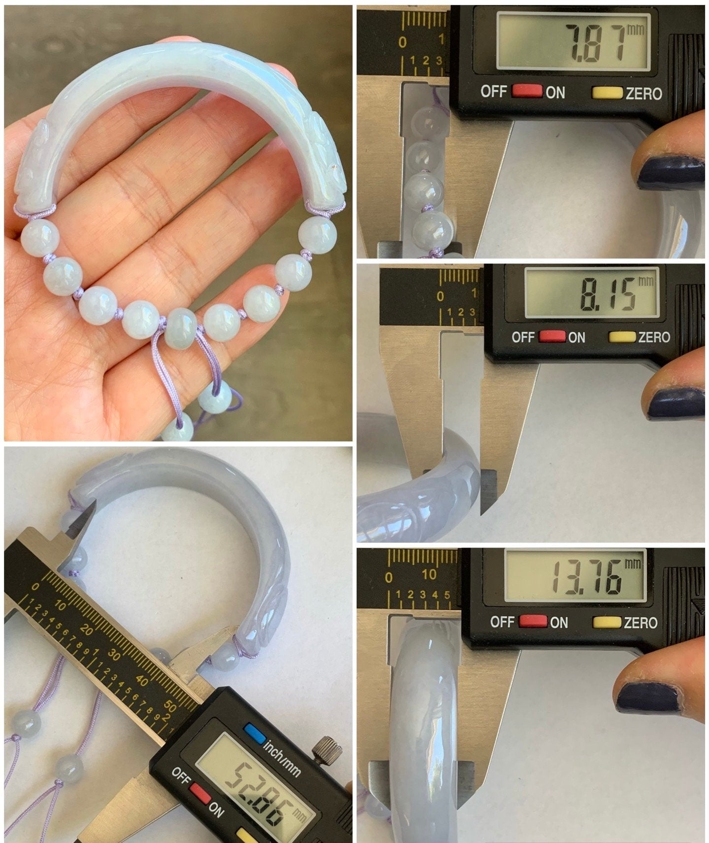 Natural Burmese Icy Translucent Light Purple Jadeite Half Bangle Bracelet w/ Beaded Security Chain 52.8mm 6.5" 38g 天然冰糯淡紫翡翠轮胎半镯手串