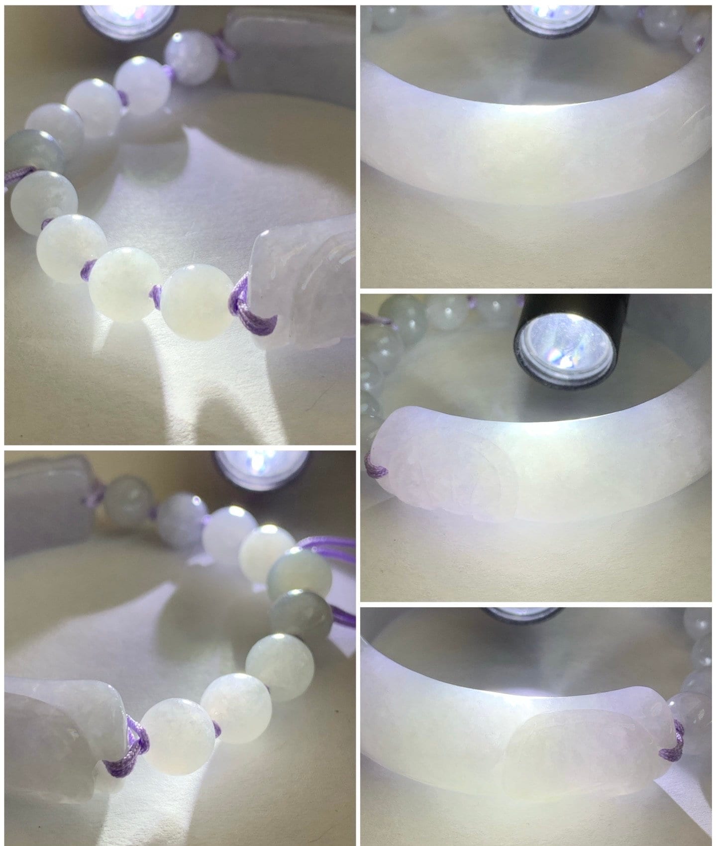 Natural Burmese Icy Translucent Light Purple Jadeite Half Bangle Bracelet w/ Beaded Security Chain 52.8mm 6.5" 38g 天然冰糯淡紫翡翠轮胎半镯手串