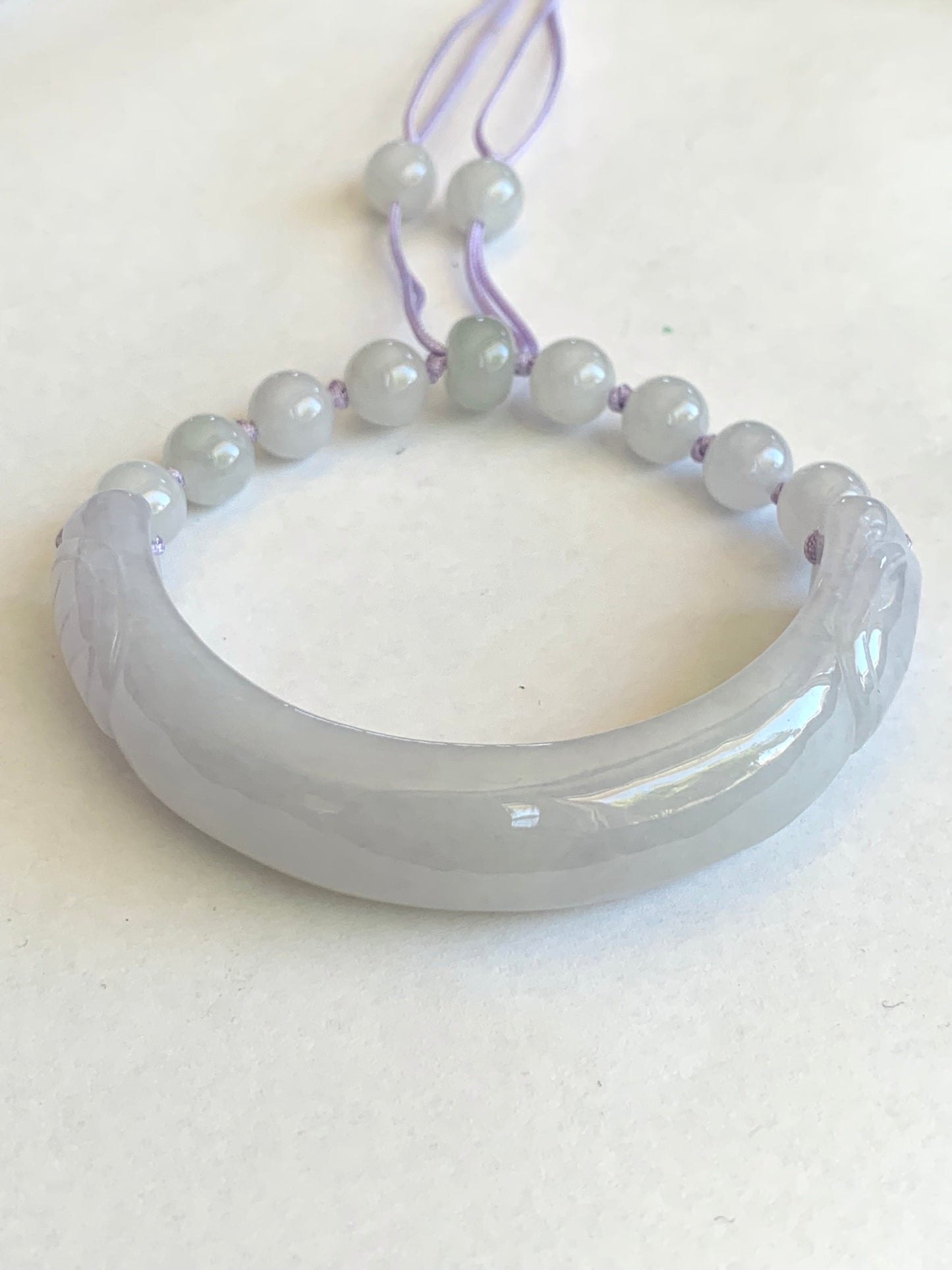 Natural Burmese Icy Translucent Light Purple Jadeite Half Bangle Bracelet w/ Beaded Security Chain 52.8mm 6.5" 38g 天然冰糯淡紫翡翠轮胎半镯手串