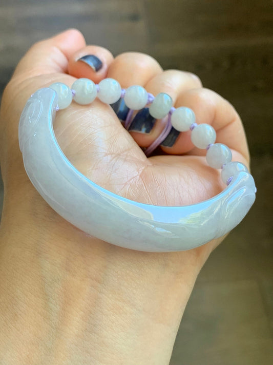 Natural Burmese Icy Translucent Light Purple Jadeite Half Bangle Bracelet w/ Beaded Security Chain 52.8mm 6.5" 38g 天然冰糯淡紫翡翠轮胎半镯手串