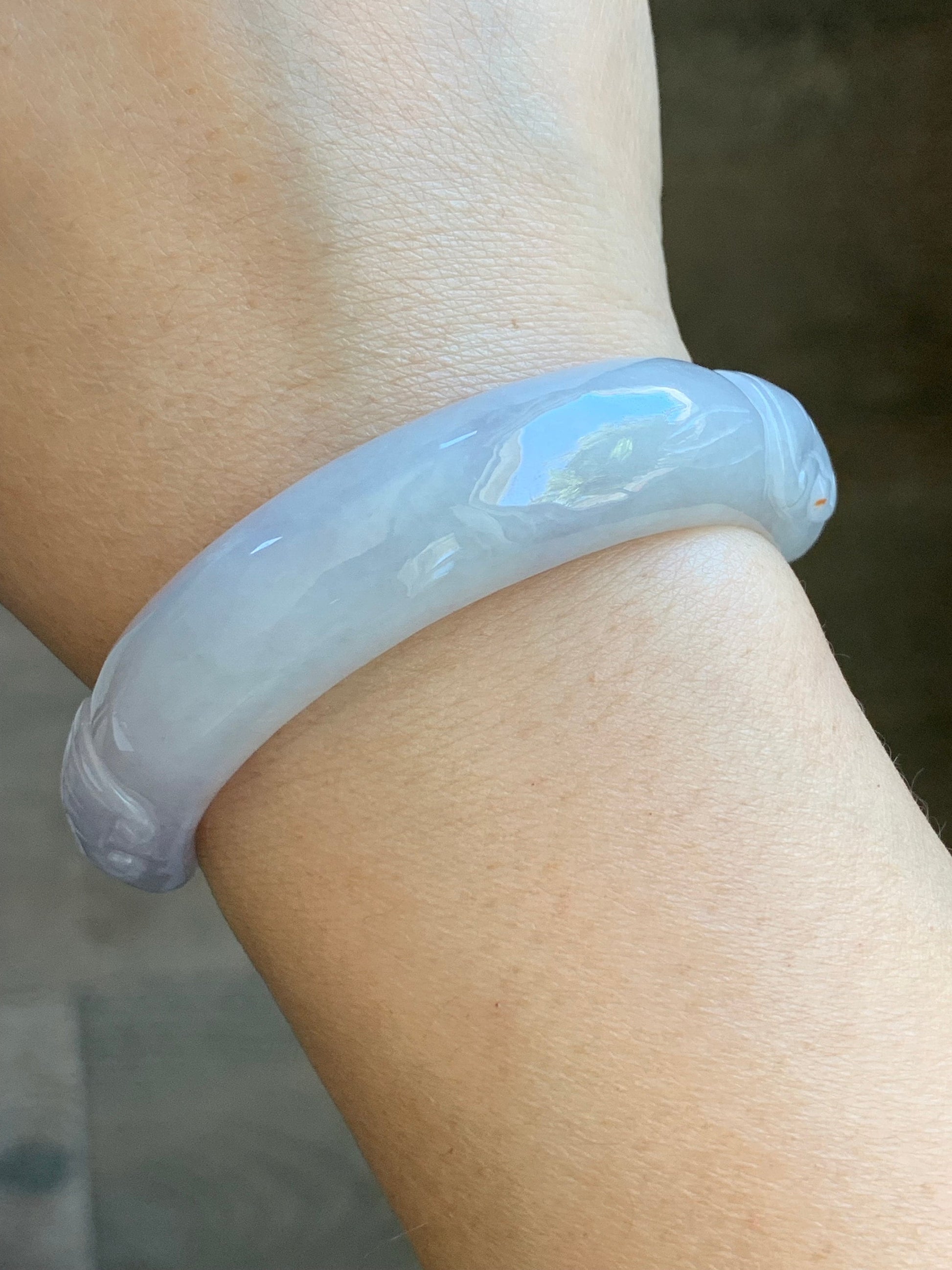 Natural Burmese Icy Translucent Light Purple Jadeite Half Bangle Bracelet w/ Beaded Security Chain 52.8mm 6.5" 38g 天然冰糯淡紫翡翠轮胎半镯手串