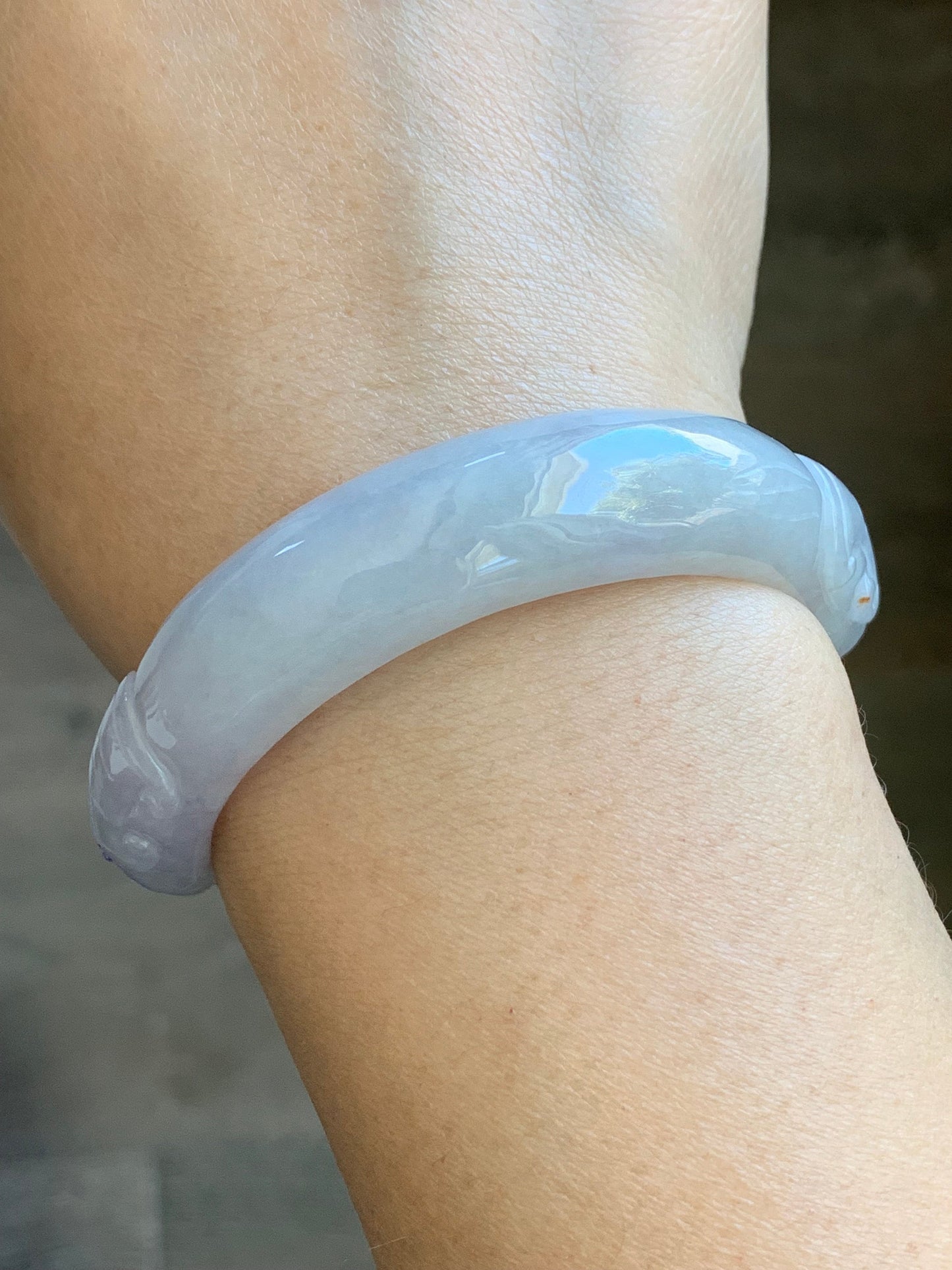 Natural Burmese Icy Translucent Light Purple Jadeite Half Bangle Bracelet w/ Beaded Security Chain 52.8mm 6.5" 38g 天然冰糯淡紫翡翠轮胎半镯手串