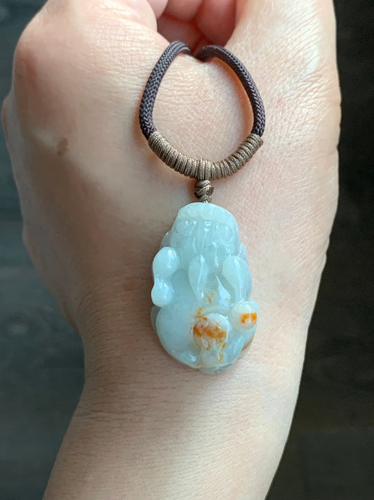 Natural Burmese Icy Translucent Golden Orange Marbled Jadeite Carved Pixiu Pendant Rope Necklace 30" 18g Adjustable 天然缅甸撒金翡翠精工貔貅吊坠