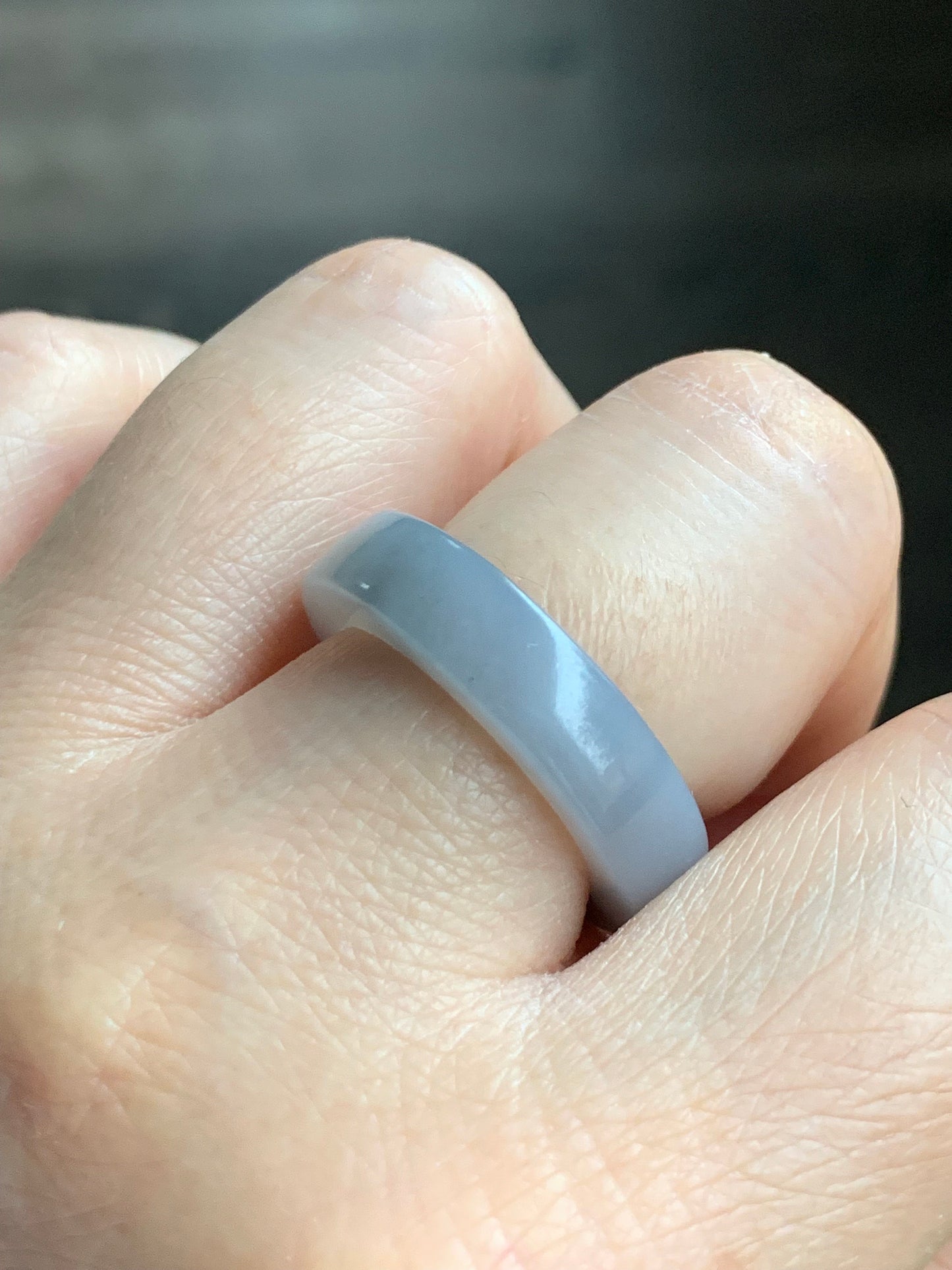 Certified Natural Burmese Icy Translucent Gelatinous Light Gray Wuji Jadeite Square Edged Band Ring Size 9 天然缅甸冰胶淡紫乌鸡翡翠方条戒圈 5171