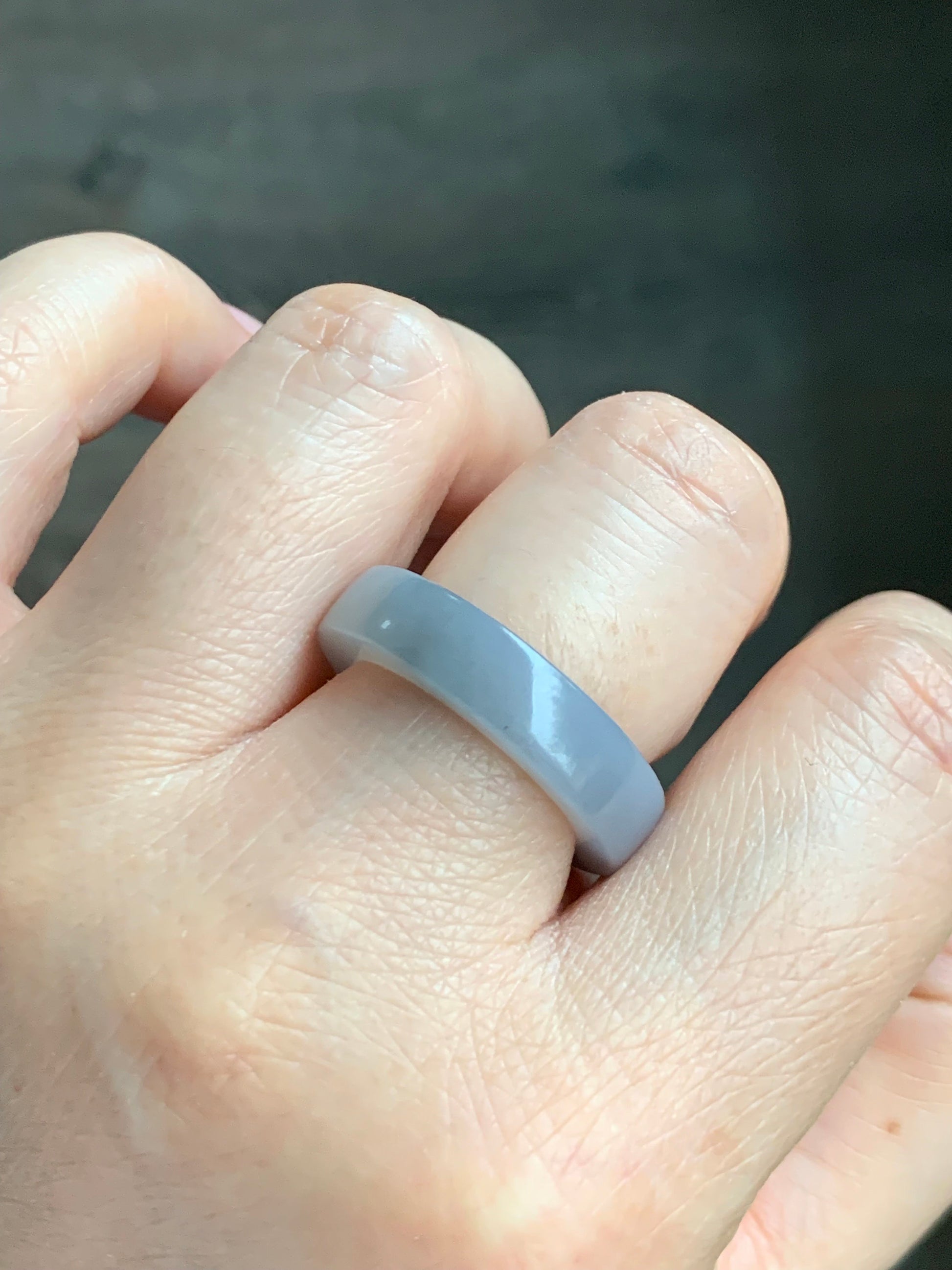 Certified Natural Burmese Icy Translucent Gelatinous Light Gray Wuji Jadeite Square Edged Band Ring Size 9 天然缅甸冰胶淡紫乌鸡翡翠方条戒圈 5171