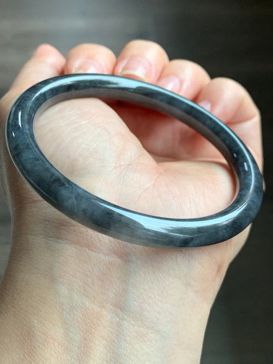 Certified Natural Burmese Icy Translucent Dark Wuji Jadeite Slim Bangle Bracelet 7.5x7.6mm 58mm 7" 30.58g 天然缅甸冰乌鸡翡翠圆条手镯 1490