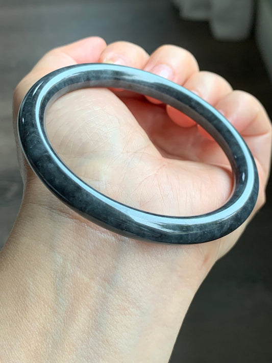 Certified Natural Burmese Icy Translucent Dark Wuji Jadeite Slim Bangle Bracelet 7.7x7.7mm 59.2mm 7.3” 33.18g 天然缅甸冰乌鸡翡翠圆条手镯 1489