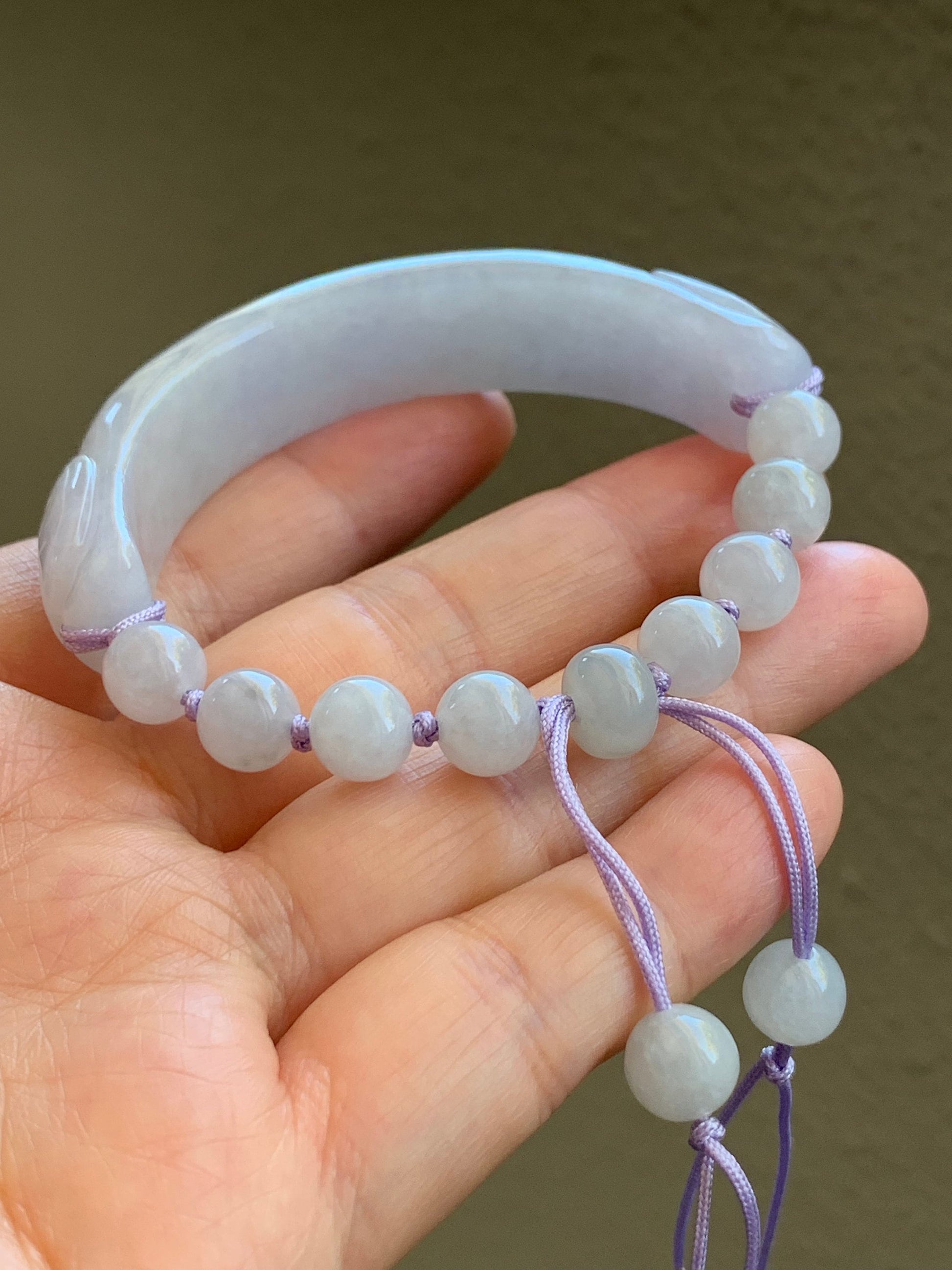 Natural Burmese Icy Translucent Light Purple Jadeite Half Bangle Bracelet w/ Beaded Security Chain 52.8mm 6.5" 38g 天然冰糯淡紫翡翠轮胎半镯手串