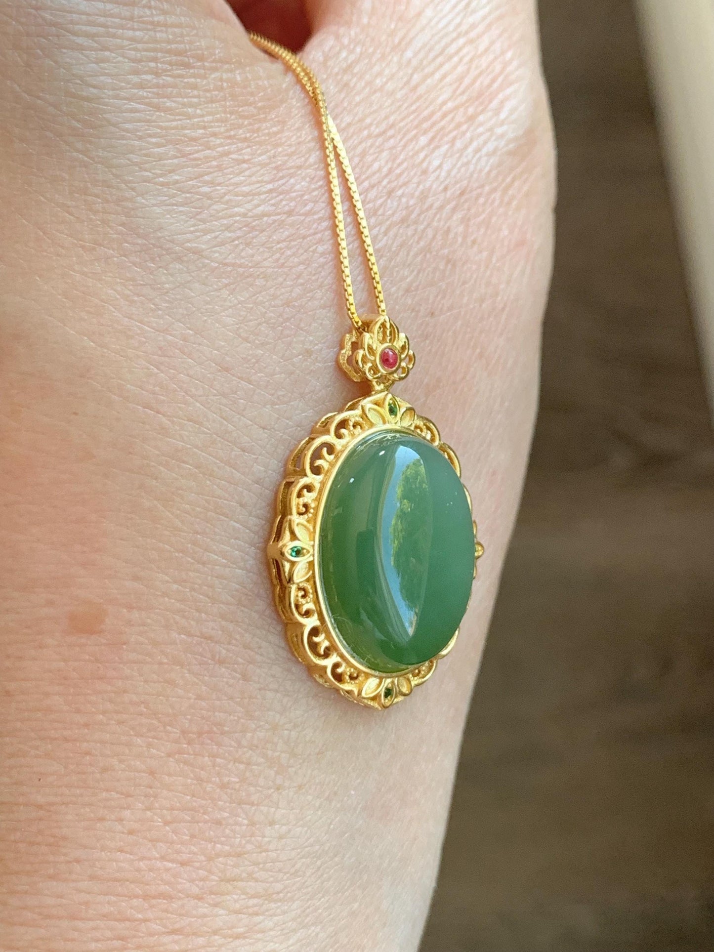 Natural Dark Spinach Green Nephrite Hetian Jade Oval Cabochon Pendant S925 Sterling Silver Yellow Gold Overlay 4g 天然和田玉碧玉吊坠银镶 B