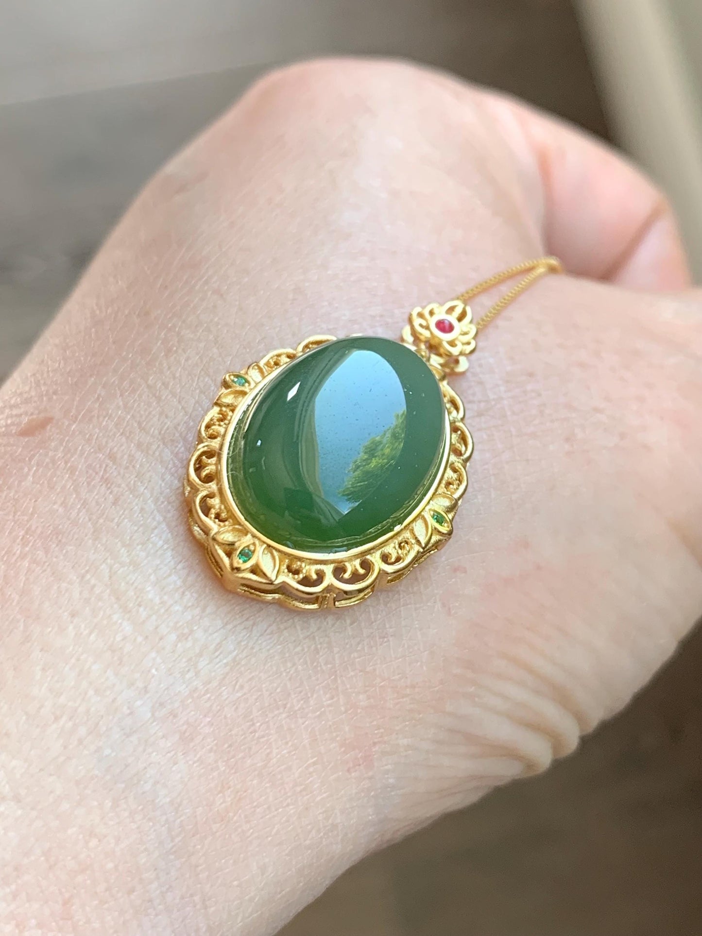 Natural Dark Spinach Green Nephrite Hetian Jade Oval Cabochon Pendant S925 Sterling Silver Yellow Gold Overlay 4g 天然和田玉碧玉吊坠银镶 B