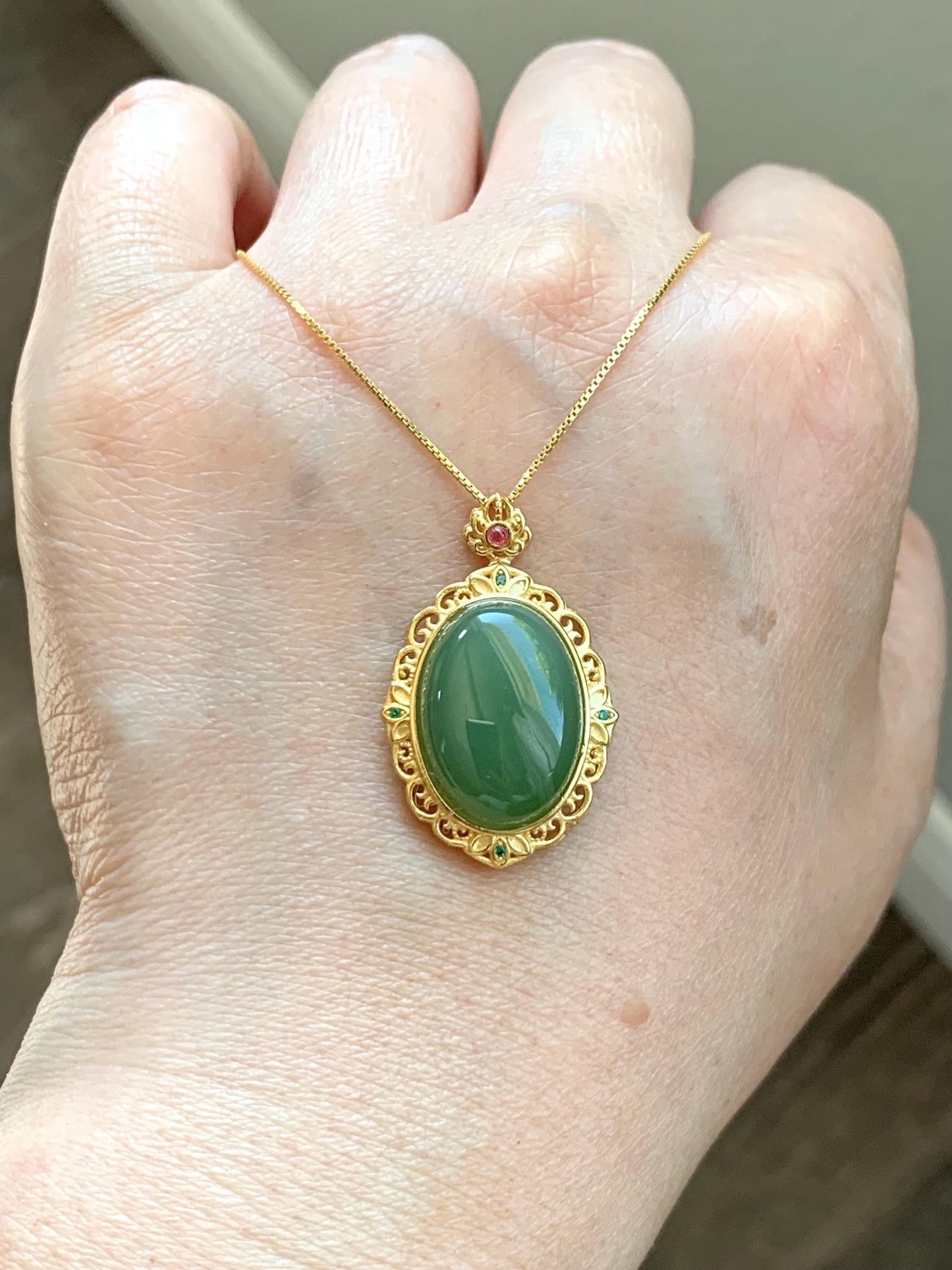 Natural Dark Spinach Green Nephrite Hetian Jade Oval Cabochon Pendant S925 Sterling Silver Yellow Gold Overlay 4g 天然和田玉碧玉吊坠银镶 B