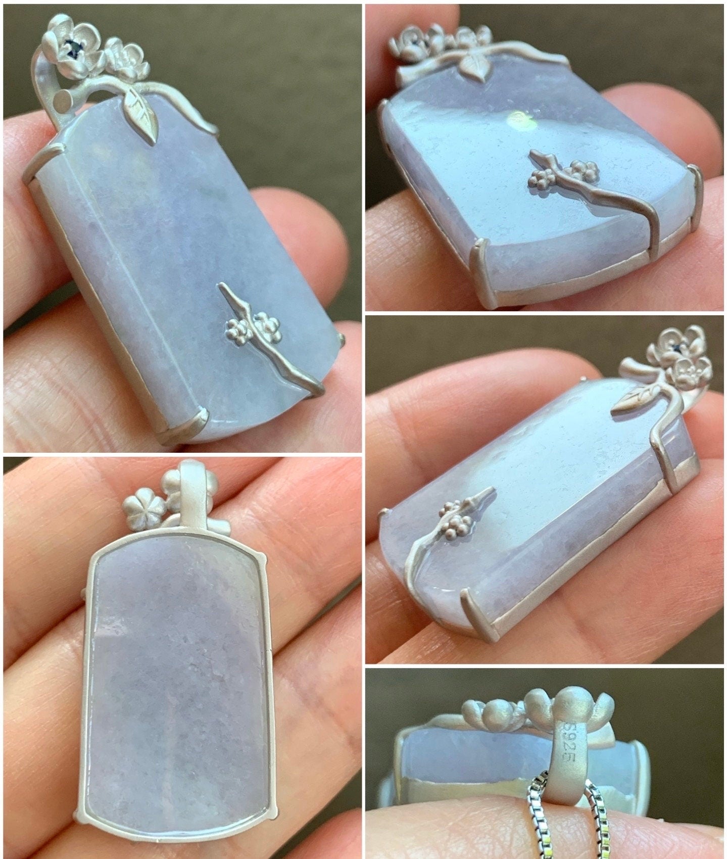 Certified Natural Burmese Grade A Untreated Light Purple Jadeite Pendant Sterling Silver w/ Blue Sapphire 9.73g 天然缅甸淡紫翡翠无事牌蓝宝石银镶吊坠 1668