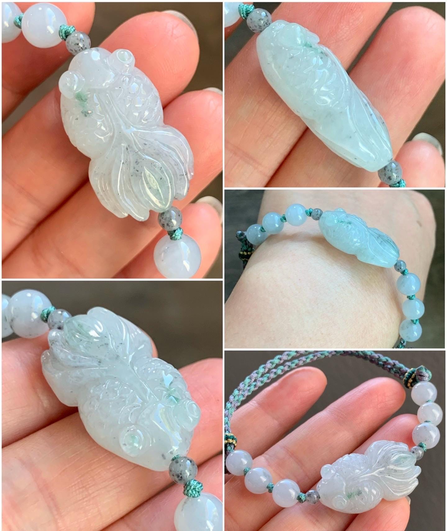 Natural Burmese Grade A Icy Translucent Gelatinous Wuji Jadeite w/ Green Marbling Carved Goldfish Rope Bracelet Adjustable 天然缅甸冰胶乌鸡飘绿花翡翠金鱼手绳